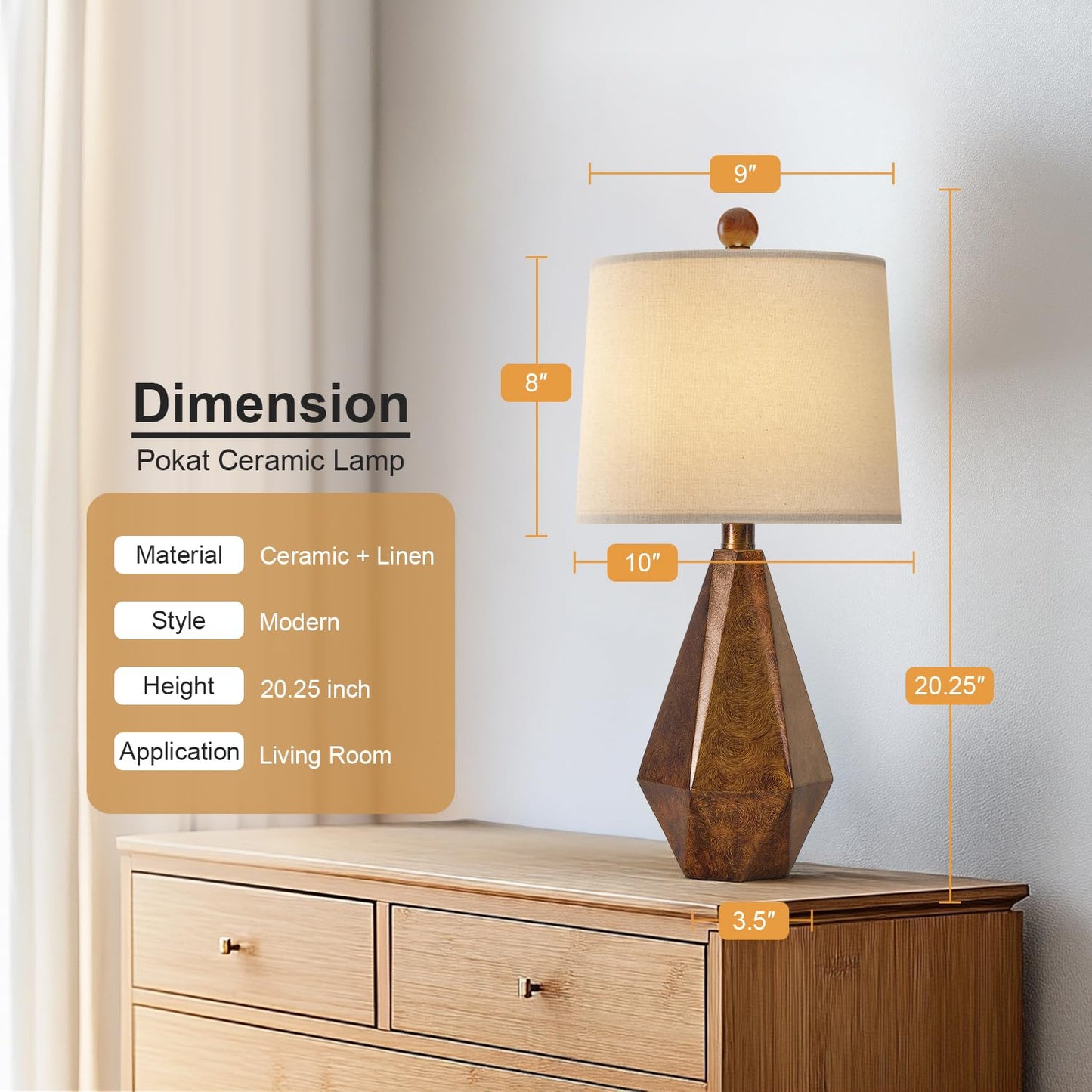 PoKat 20.25" Retro Farmhouse Table Lamp Set of 2 - Living Room & Bedroom Rustic Linen Bedside Nightstand Lamps for Kids, Study, Office - Resin, Suitable for Small Places