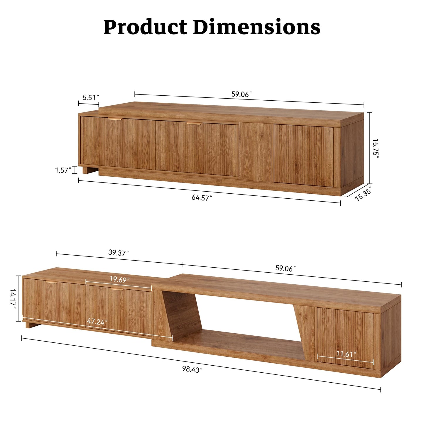 Epecoya 98 Inch Extendable TV Stands for Living Room, Wooden Extra Long TV Stand with Adjustable Shelf and Drawers, Fluted TV Console with Storage Cabinet, Warm Brown Oak (64.57" W-98.43" W)