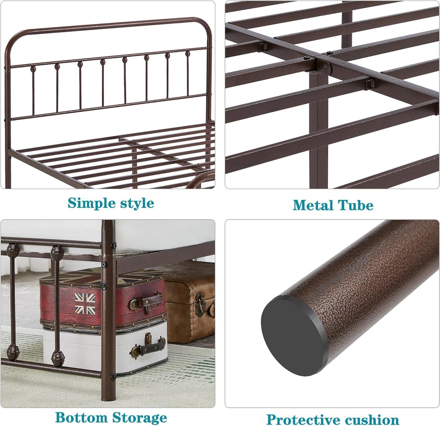 VECELO King Size Victorian Style Metal Bed Frame with Headboard/Mattress Foundation/No Box Spring Needed/Under Bed Storage and Strong Slat Support Purple Bronze