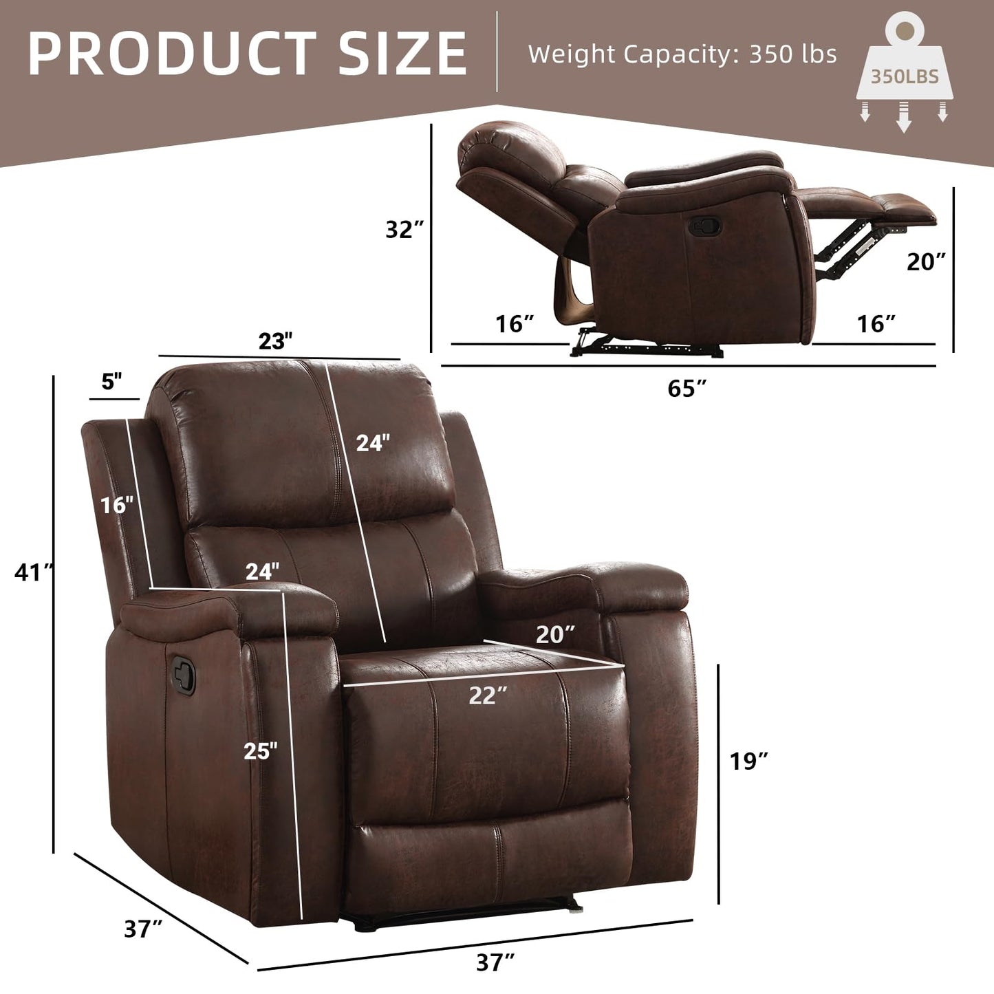 IOMOR Leather Recliner Chair, Manual Recliner Chair for Adults with Overstuffed Arms and Back, Single Sofa Recliner with Cup Holders for Living Room (1, Brown)