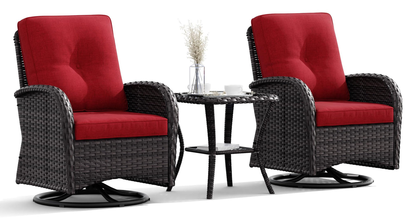 Joyside Patio Swivel Rocker Wicker Chairs - Outdoor Swivel Rocking Chairs Set of 2 with Wicker Side Table, Patio Swivel Rocker Chair 3 Piece Patio Furniture Sets for Porch Deck(Brown/Blue)
