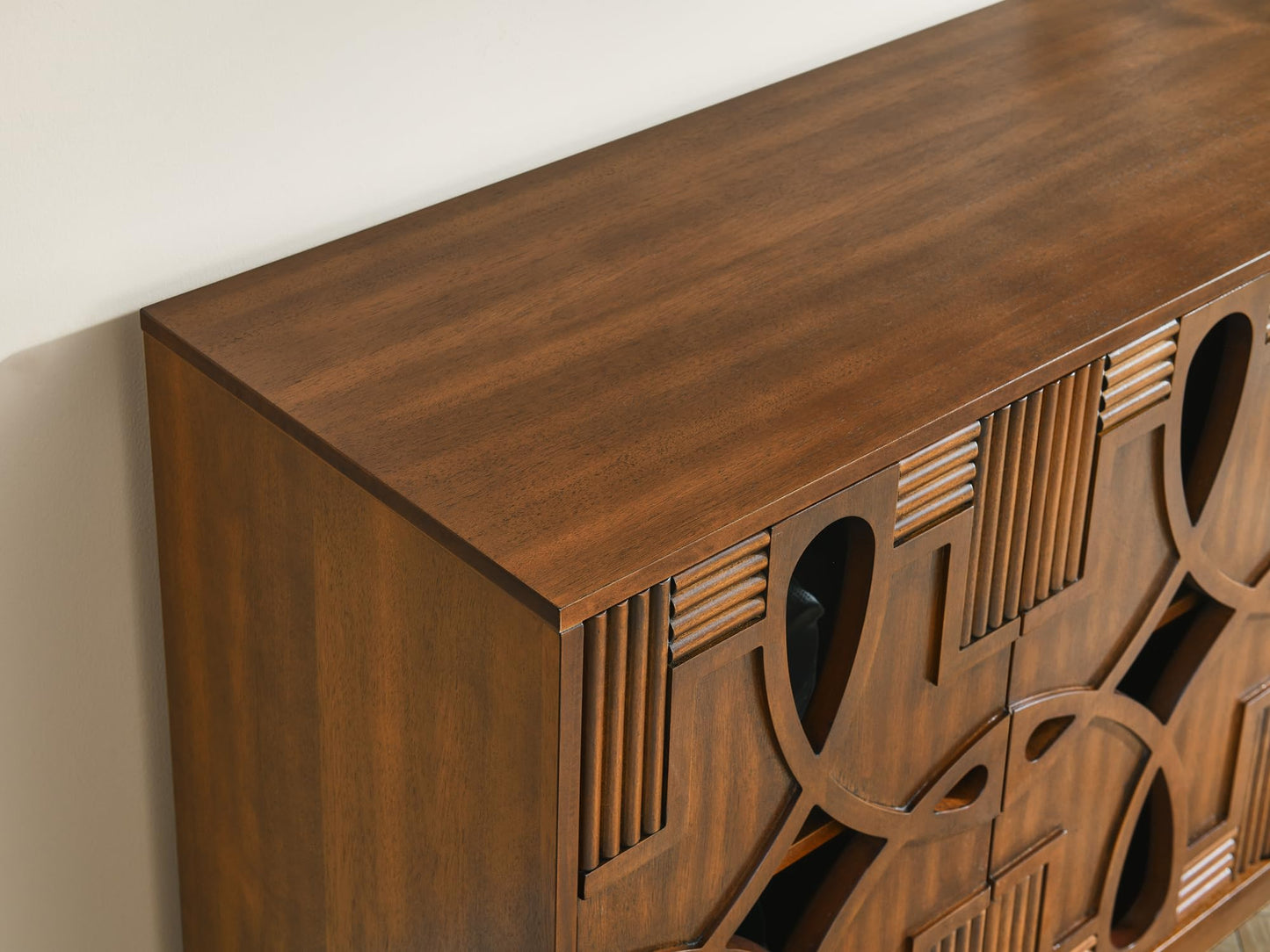 LKTART 60" Mid Century Modern Sideboard Buffet with Hollow Carved Doors and Outlet Holes,Vintage Accent Cabinet Credenzas Storage Cabinet Walnut