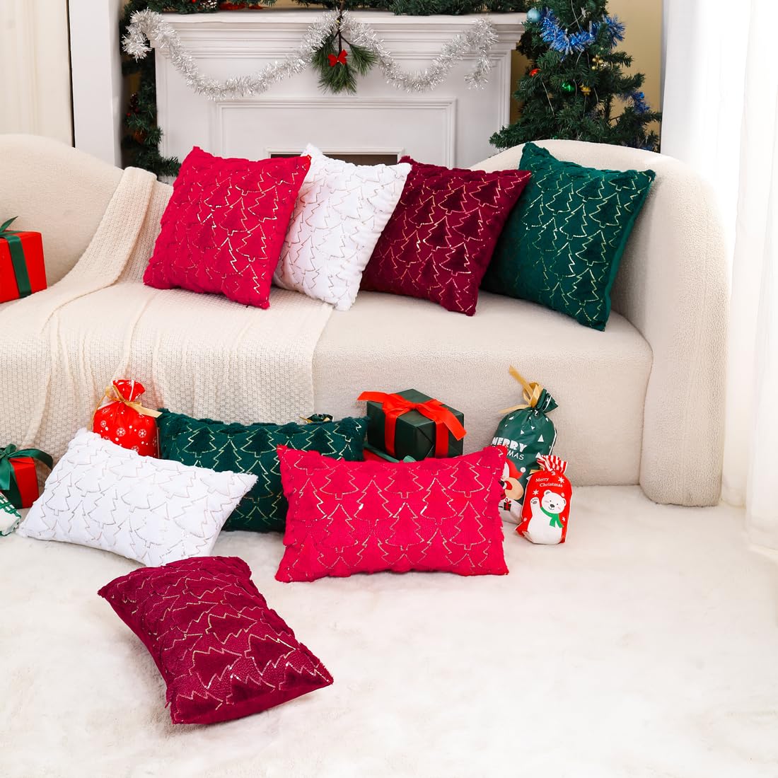 VAKADO Christmas Throw Pillow Covers 18x18 Set of 2 Embroidered Decorative Xmas Couch Cushion Cases Holiday Soft Home Decor for Bedroom Sofa Chair Porch Winter, Cream
