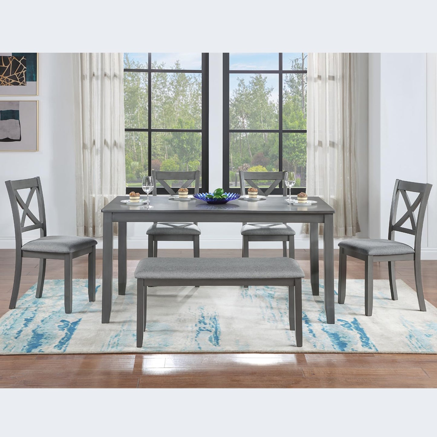 LKTART 6 Piece Kitchen Dining Set, 58.5" Rectangular Wooden Dinner Table with 4 Upholstered Chairs and a Bench for Living Room, Home Bar and Kitchen, Walnut