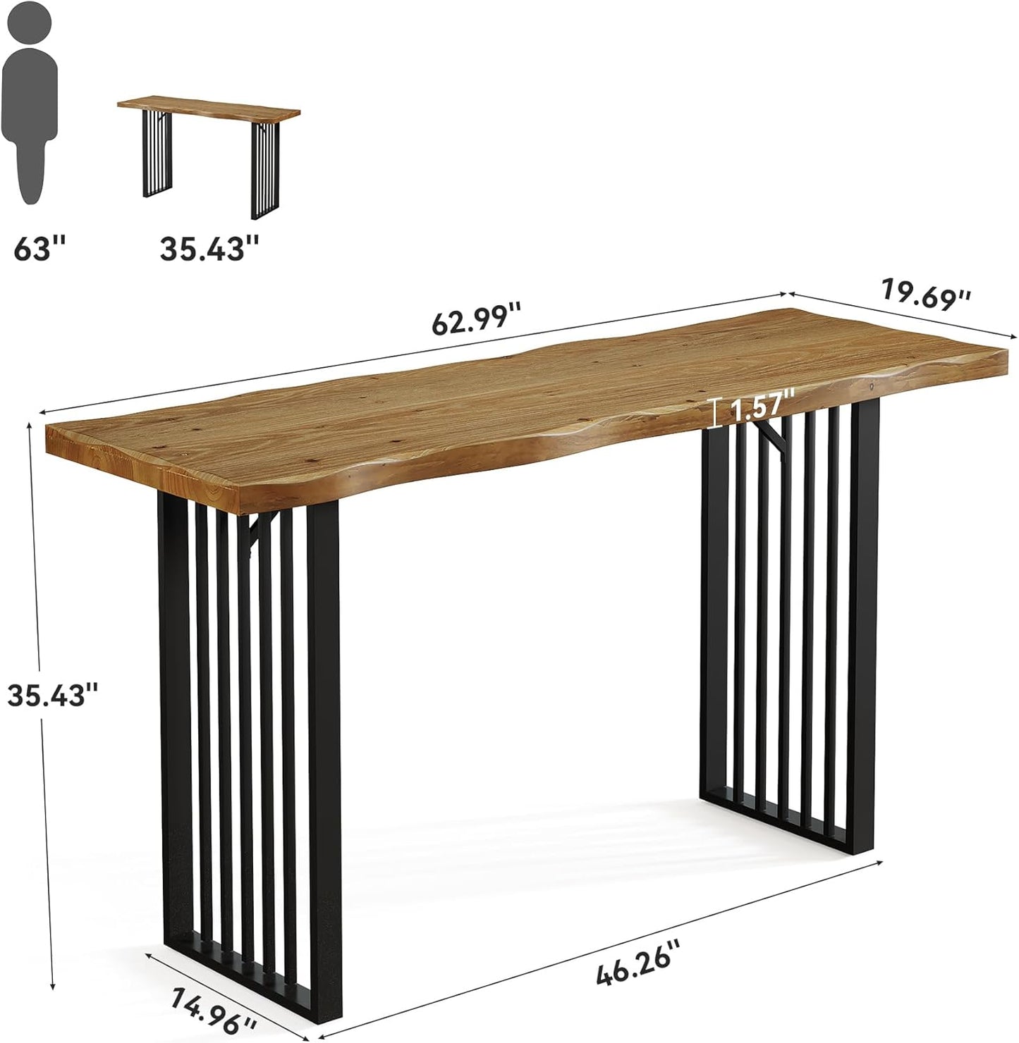 63-Inch Long Bar Table, Solid Wood Pub Table with Metal Legs, Industrial Rectangular High Top Bar Unit for Home Bar, Kitchen, Dining Room, Bistro