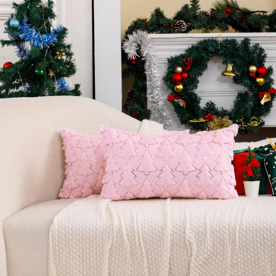 VAKADO Christmas Throw Pillow Covers 18x18 Set of 2 Embroidered Decorative Xmas Couch Cushion Cases Holiday Soft Home Decor for Bedroom Sofa Chair Porch Winter, Cream
