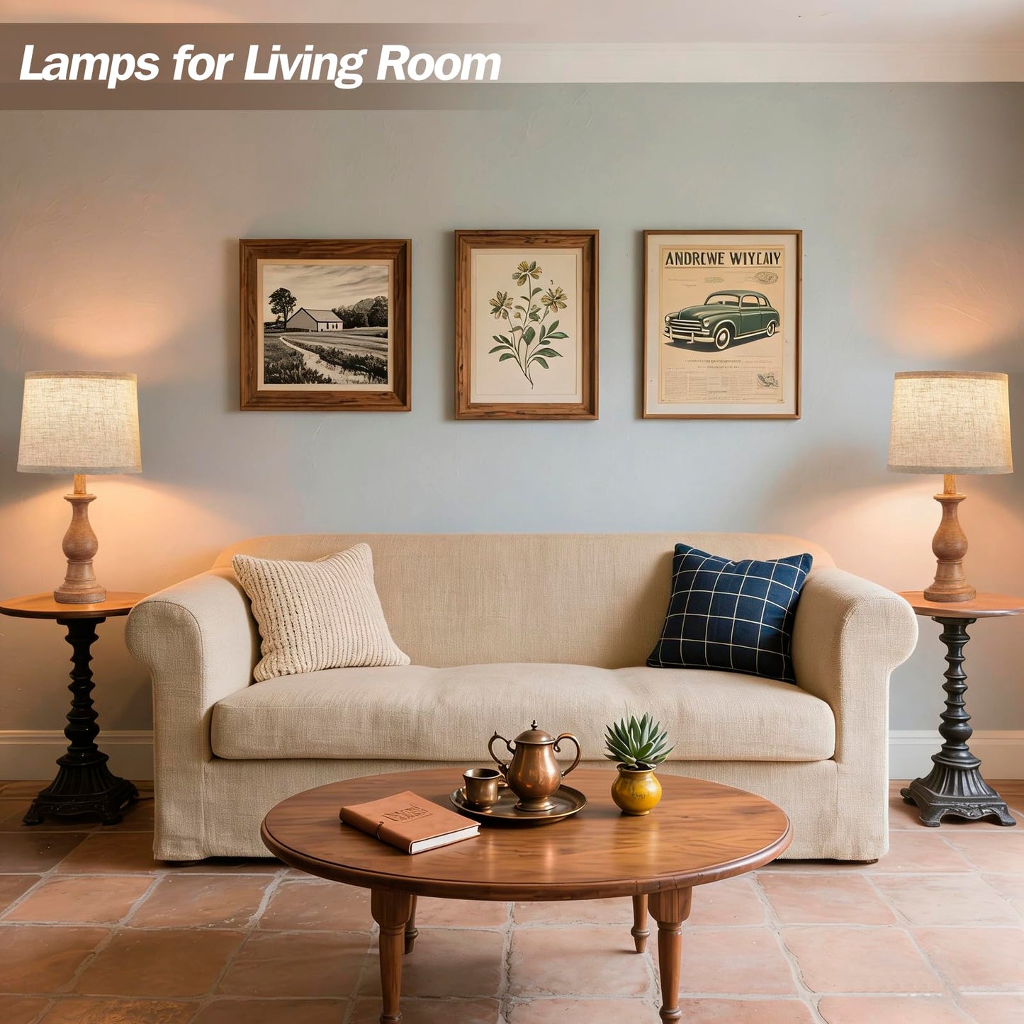 Vintage Table Lamp for Living Room Bedroom, 18.5" Farmhouse Bedside Lamps Nightstand Lamp Set of 2, Table Lamps with Oatmeal Linen Lamp Shades, 2 LED Bulbs Included