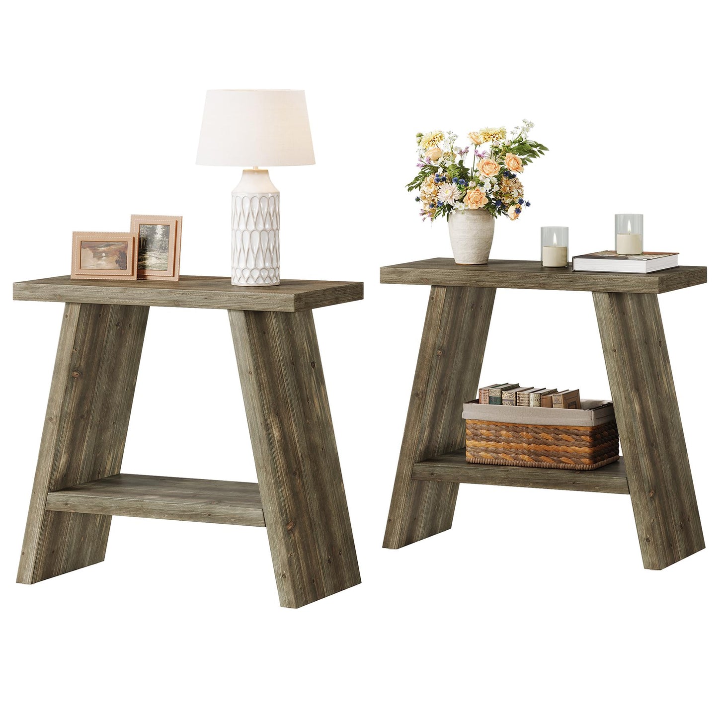 Solid Wood End Table for Living Room, Narrow Small Side Table with 2-Tier Storage, Farmhouse Bedside Nightstand for Bedroom, Small Places, Rustic Brown (1PCS)