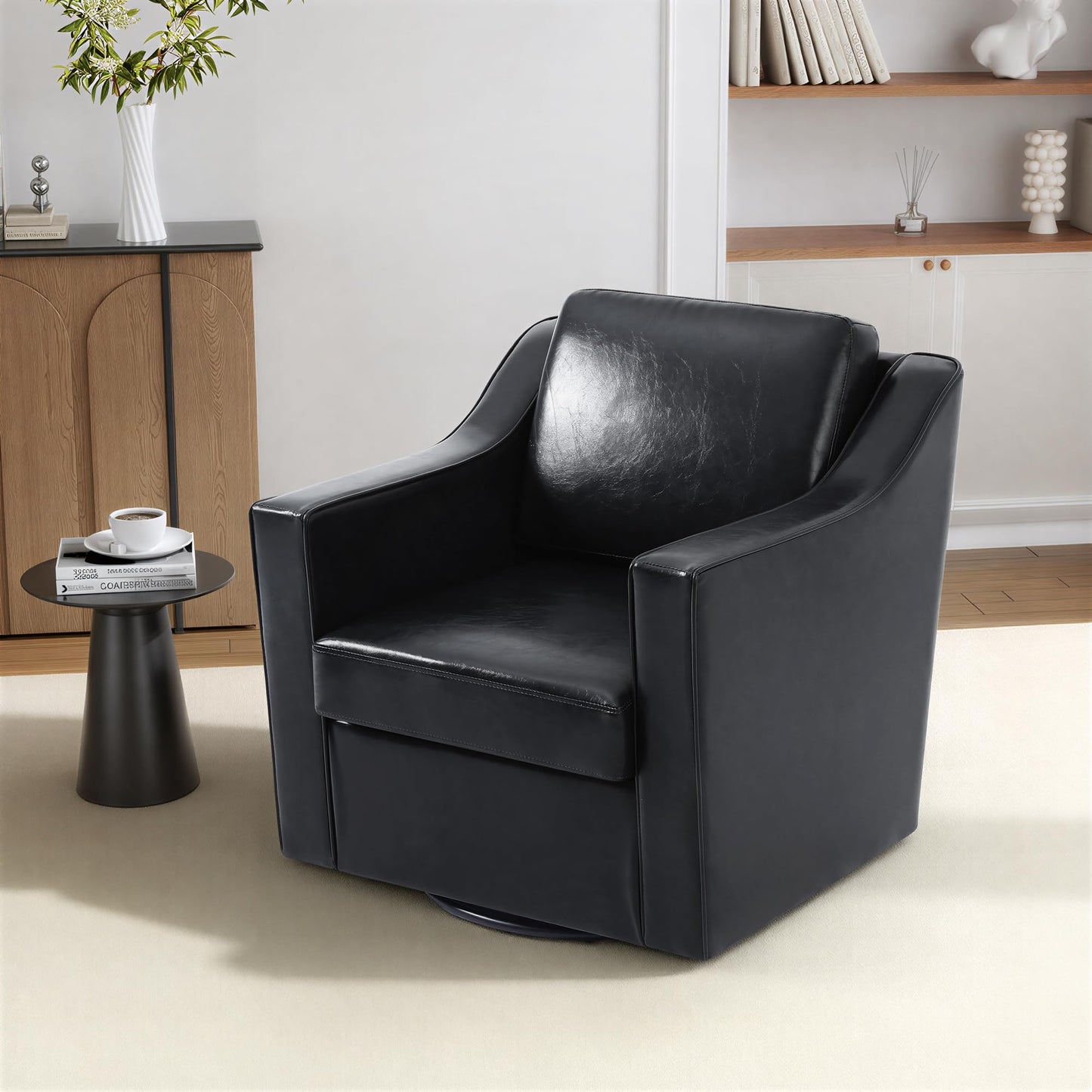 Swivel Accent Chairs Set of 2, 360° Swivel Upholstered Faux Leather Club Armchairs for Living Room, Comfy Single Sofa Reading Chair with Deep Seat, Metal Swivel Base, Coffee