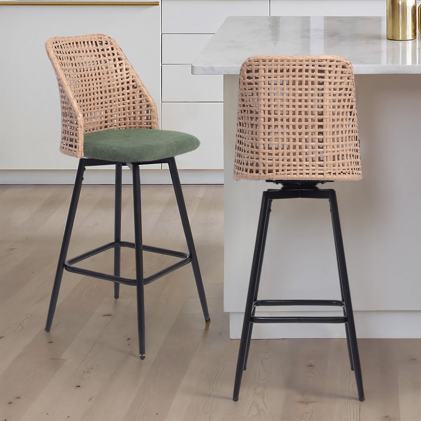 28.7" Swivel Bar Stools Set of 2, Mid Century Modern Counter Height Barstools with Rattan Backrest, Upholstered Chenille Armless Bar Chair Island Stools for Kitchen Island, Bar, Beige