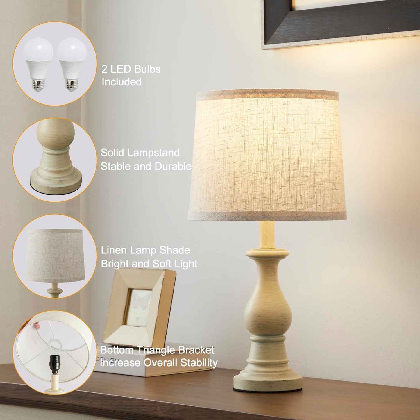 Vintage Table Lamp for Living Room Bedroom, 18.5" Farmhouse Bedside Lamps Nightstand Lamp Set of 2, Table Lamps with Oatmeal Linen Lamp Shades, 2 LED Bulbs Included
