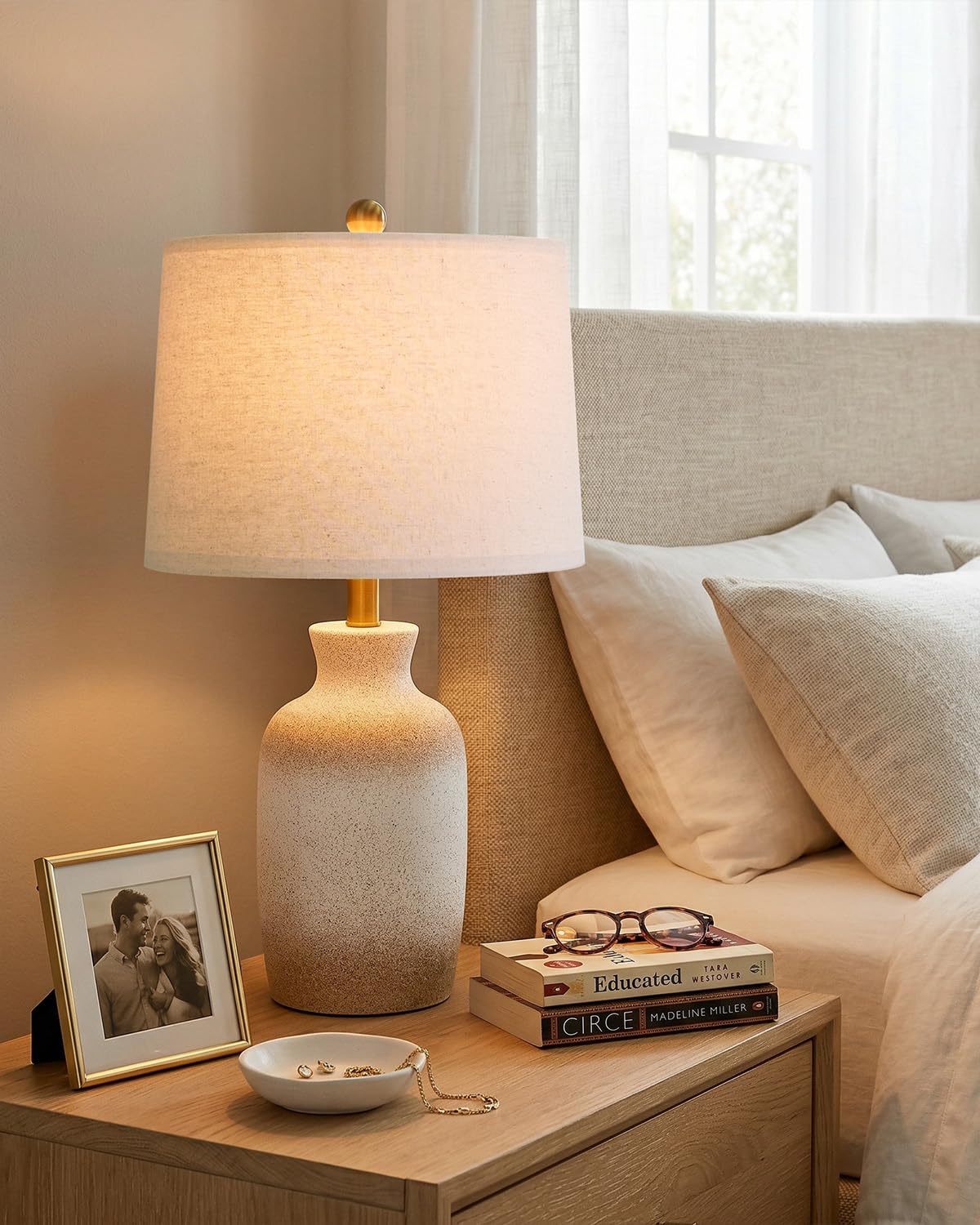 PoKat 24'' Farmhouse Ceramic Table Lamp for Living Room with Natural Textured Finish, Rustic Bedside Lamps for Bedroom, Organic Nightstand Lamps Dresser End Side Table Home Gift (White and Antique)
