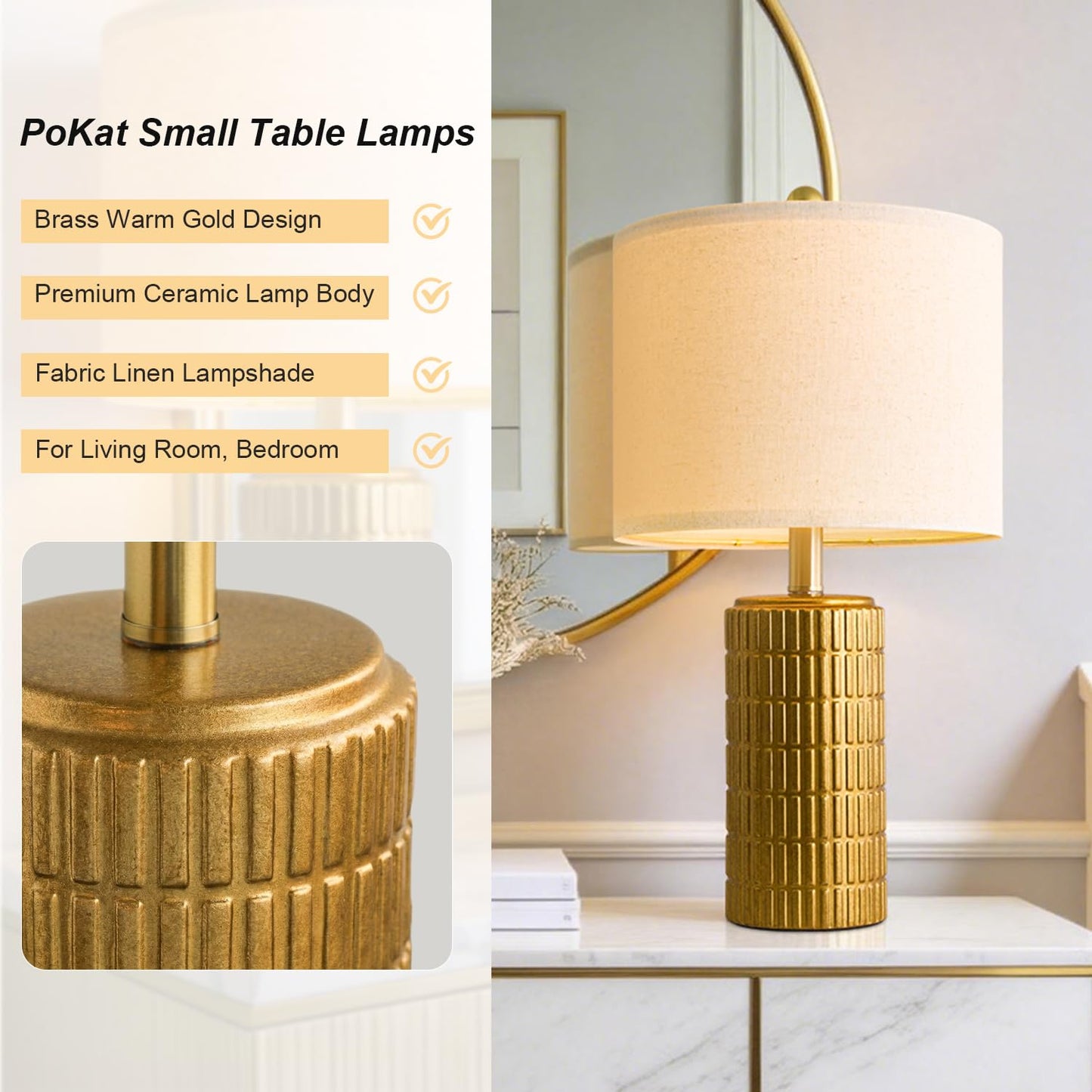 PoKat 20.75" Small Modern Ceramic Table Lamps Set of 2 for Bedroom, White Bedside Lamps for Night Stands, Farmhouse Desk Decor Gift Nightstand Table Lamps for Living Room End Table Beige