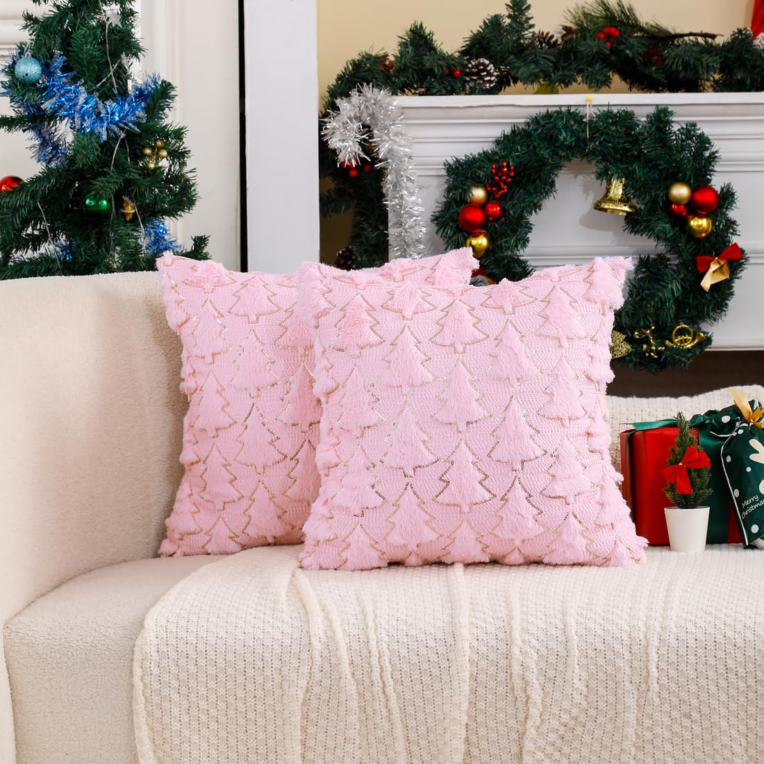 VAKADO Christmas Throw Pillow Covers 18x18 Set of 2 Embroidered Decorative Xmas Couch Cushion Cases Holiday Soft Home Decor for Bedroom Sofa Chair Porch Winter, Cream