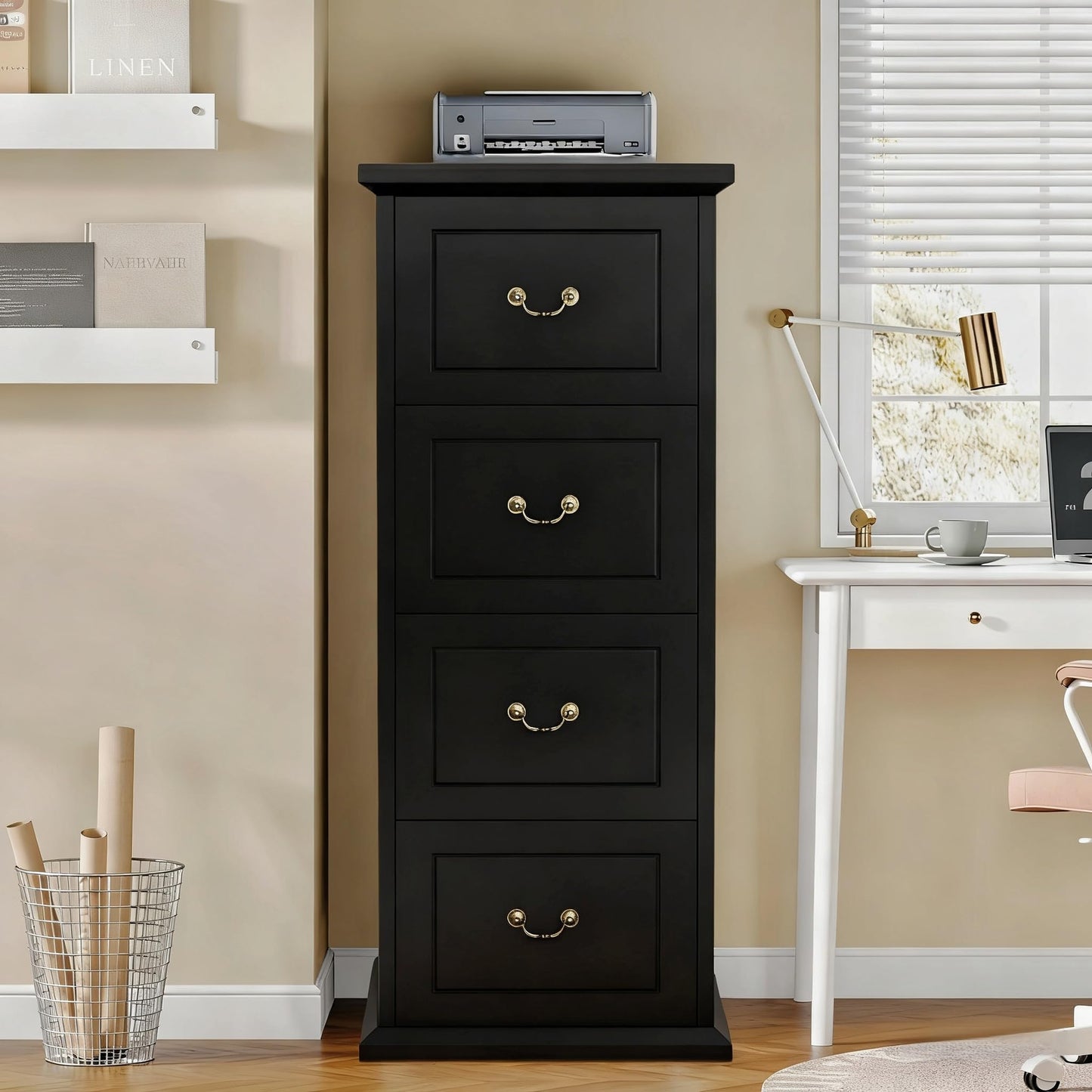 Tribesigns 4-Drawer File Cabinet, Vertical Wood Filing Cabinet for A4/Letter/Legal Size, Tall File Storage Printer Stand with Hanging Rails for Home Office, Classic Dark Walnut Finish