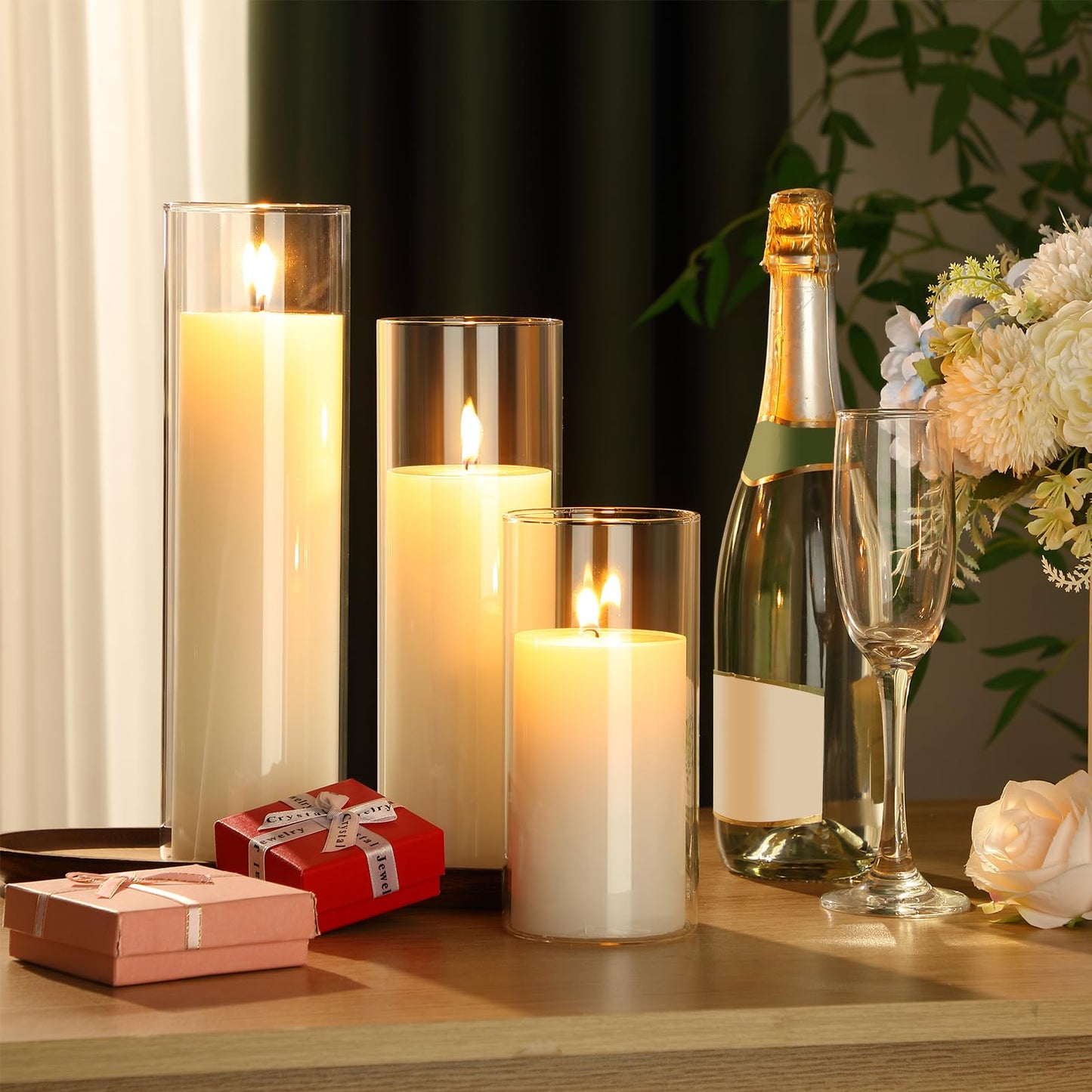 Shihanee Set of 3 Pillar Candles and 3 Glass Cylinder Candle Vases Holders Clear Pillar Jars for Wedding Centerpieces(3'' x 5.9'', 7.9'', 9.8'',Ivory White)