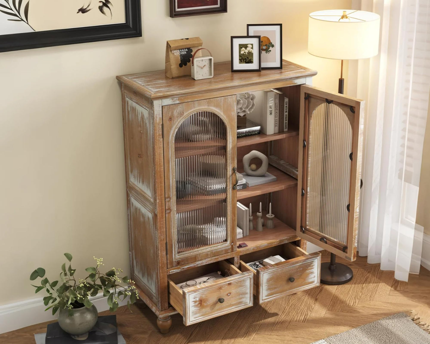 LKTART 60" Farmhouse Sideboard Buffet,Solid Fir Wood Frame with Hollowed-Out Carved Doors,Hand-Distressed Design,Versatile Storage Cabinet for Kitchen, Living Room,Natural Wood