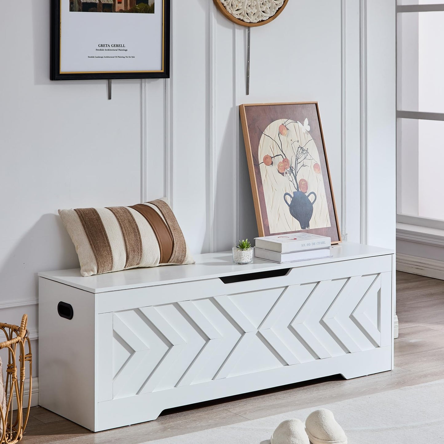55.1” Storage Bench, Extra Large Entryway Bench with Storage,Storage Chest with 2 Safety Hinges,Blanket Storage,Shoe Storage Chest for Bedroom,Living Room,Easy Assembly. (Greige)