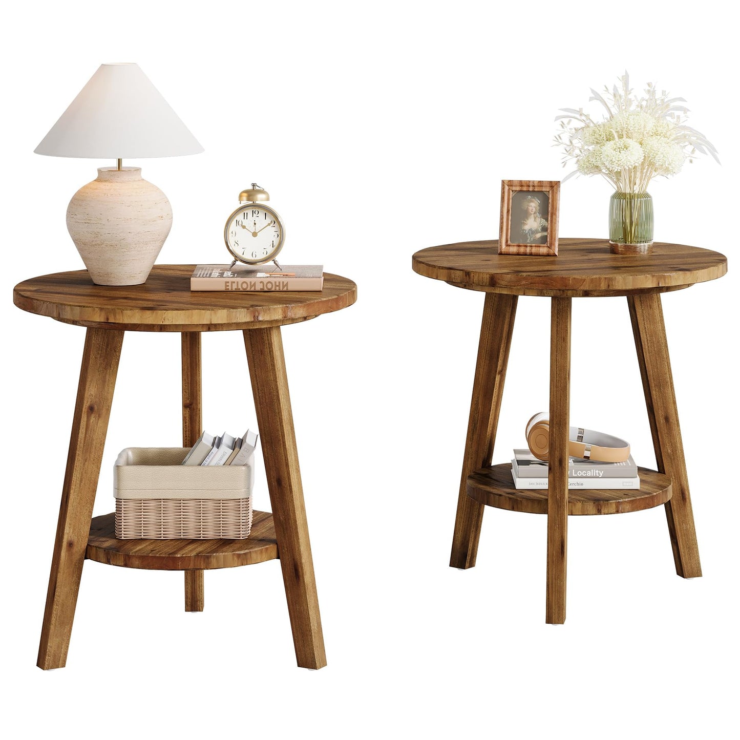 Solid Wood Round End Table, Sofa Side Table with Storage Shelf, Farmhouse Nightstand for Living Room, Bedroom, Easy Assembly (Dark Brown, 1 PC)