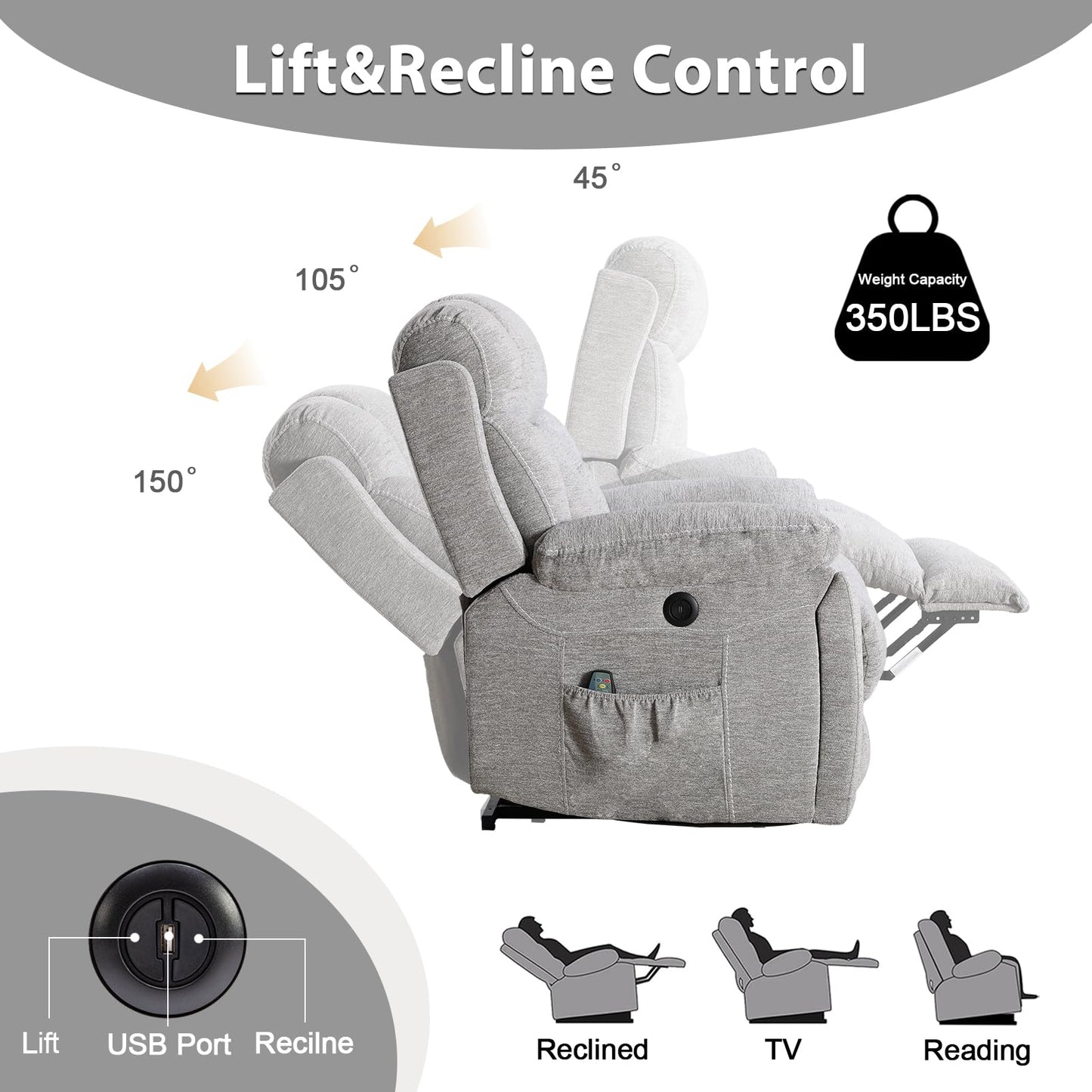 IOMOR Large Power Lift Recliner Chair for Elderly with Massage and Heat, Electric Lift Recliner Single Sofa with with 2 Cup Holders, Side Pocket & USB Charge Port for Living Room (1, Dark Gray)