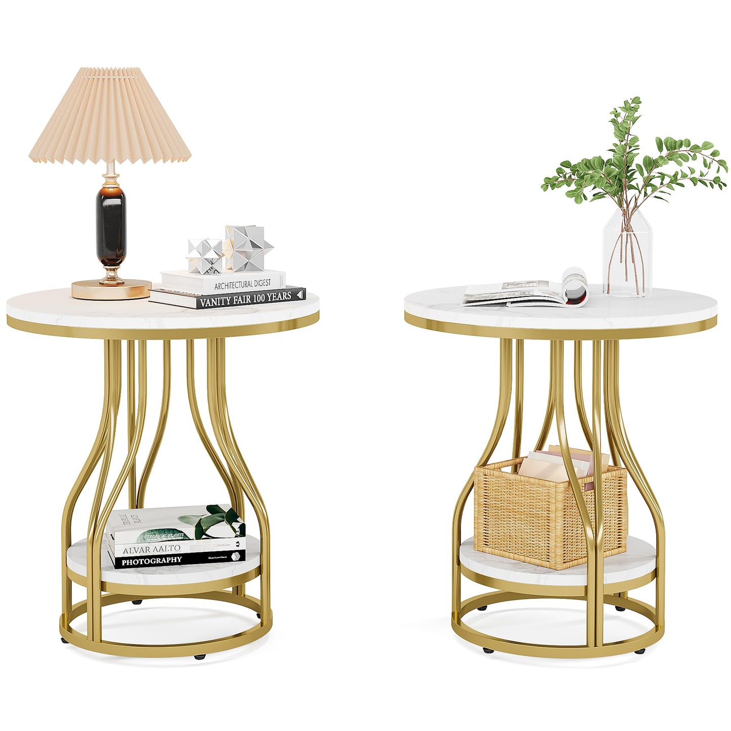 Tribesigns Round Side End Table 2-Tier End Tables Modern Bedside Table Small Chairside Tables with Storage for Couch Side, Nightstand with Metal Frame for Living Room (1, White+Gold)