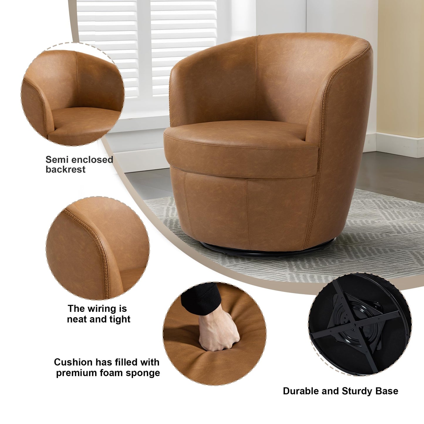 360° Swivel Barrel Accent Chair, Faux Leather Round Swivel Chair for Living Room, Comfy Upholstered Armchair Single Sofa Club Chair for Bedroom Reading Room, No Assembly Required - Light Brown