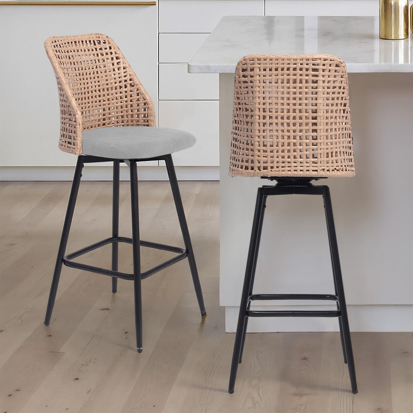28.7" Swivel Bar Stools Set of 2, Mid Century Modern Counter Height Barstools with Rattan Backrest, Upholstered Chenille Armless Bar Chair Island Stools for Kitchen Island, Bar, Beige