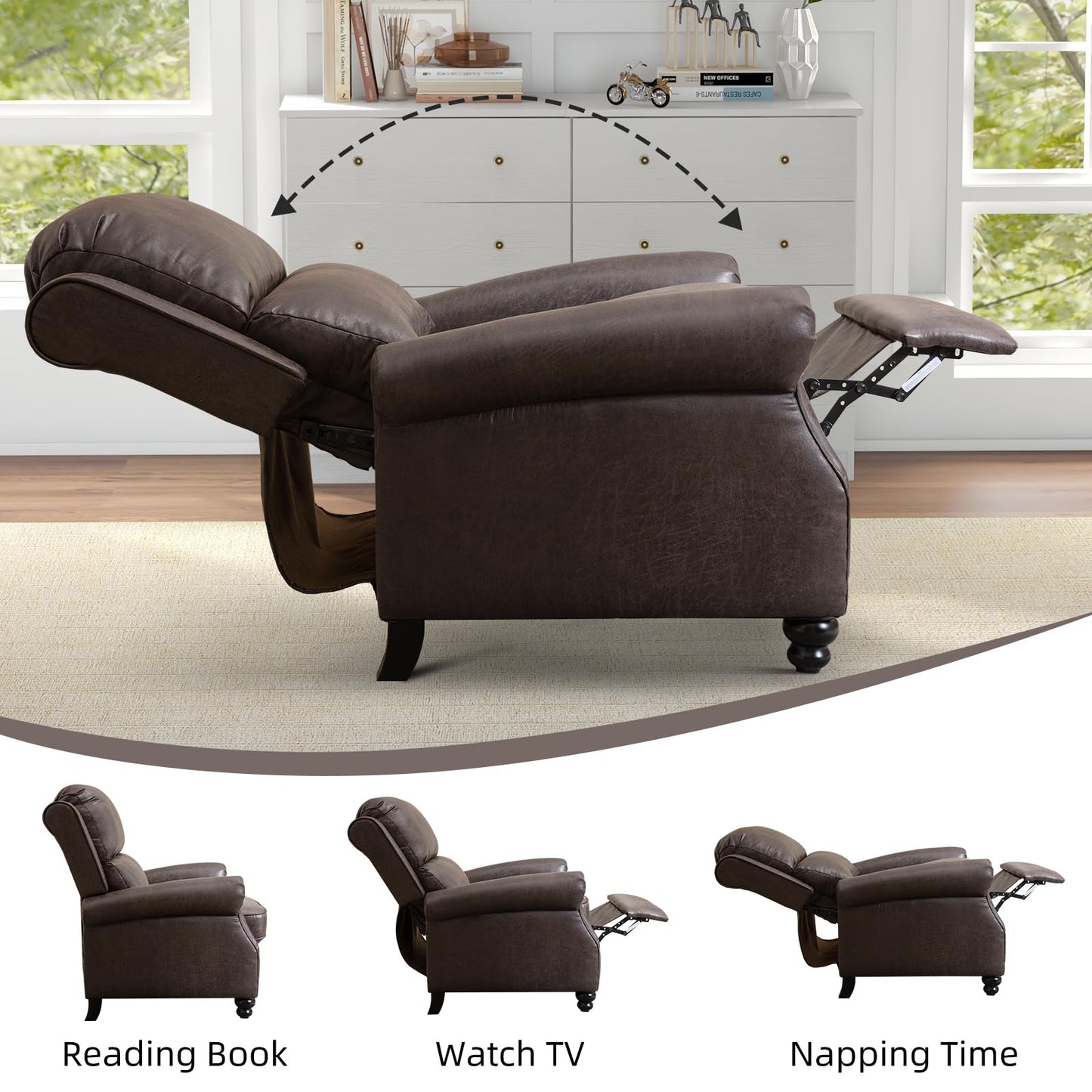 IOMOR Push Back Recliner Chair Faux Leather Lounge Armchair with Rivet Decoration Wingback Single Sofa Chair with Padded Seat Solid Wood Legs for Living Room, Comfy Upholstered, Red Brown