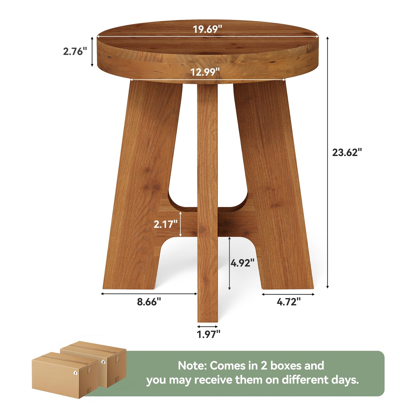 Set of 2 Round End Table, Farmhouse Solid Wood Side Table for Couch, Mid Century Modern Side Table with Heavy-Duty Leg, Wood Bedside Table for Bedroom, Small Spaces, Walnut