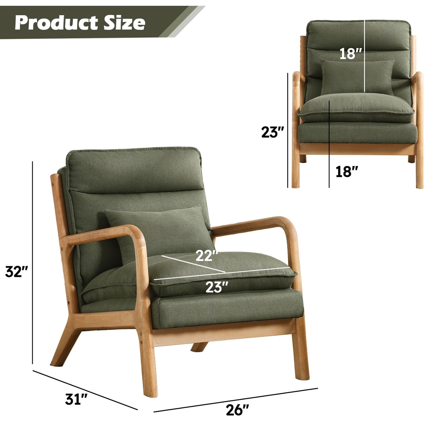 IOMOR Mid Century Modern Accent Chair, Upholstered Lounge Armchair with Plump Back Pillow, Comfy Reading Chair with Solid Wood Frame for Bedroom Living Room, Brown