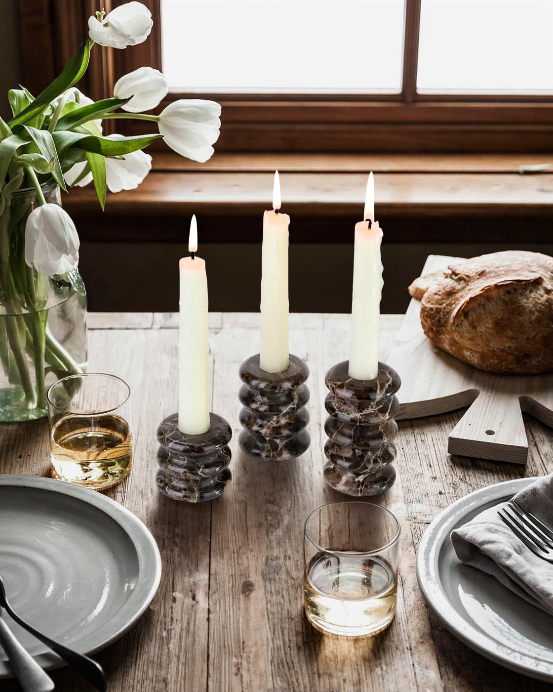 Vixdonos Marble Candle Holder Set of 2 Taper Candle Candlestick Mantle Candle Stand for Home Decor,Wedding,Party and Table Centerpieces(Brown)