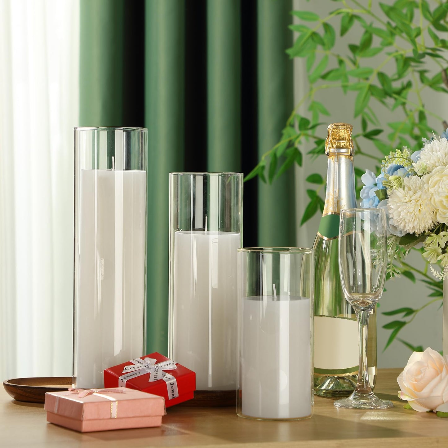 Shihanee Set of 3 Pillar Candles and 3 Glass Cylinder Candle Vases Holders Clear Pillar Jars for Wedding Centerpieces(3'' x 5.9'', 7.9'', 9.8'',Ivory White)