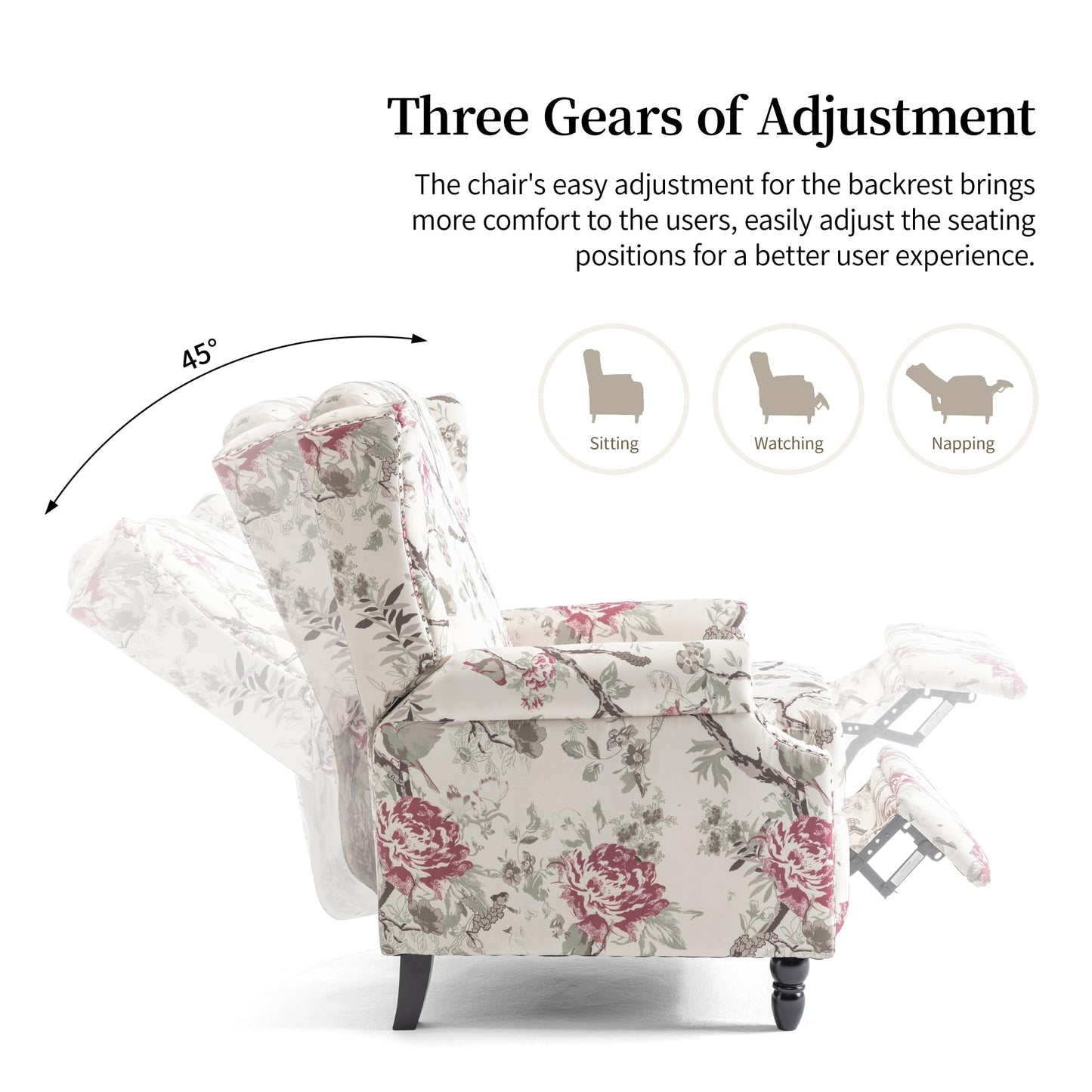 Pushback Recliner Chair, Printed Fabric Wingback Recliner Chair for Living Room, Upholstered Armchair Push Back Recliner with Wood Legs, Rivet Trim Wingback Accent Chair for Bedroom, Navy