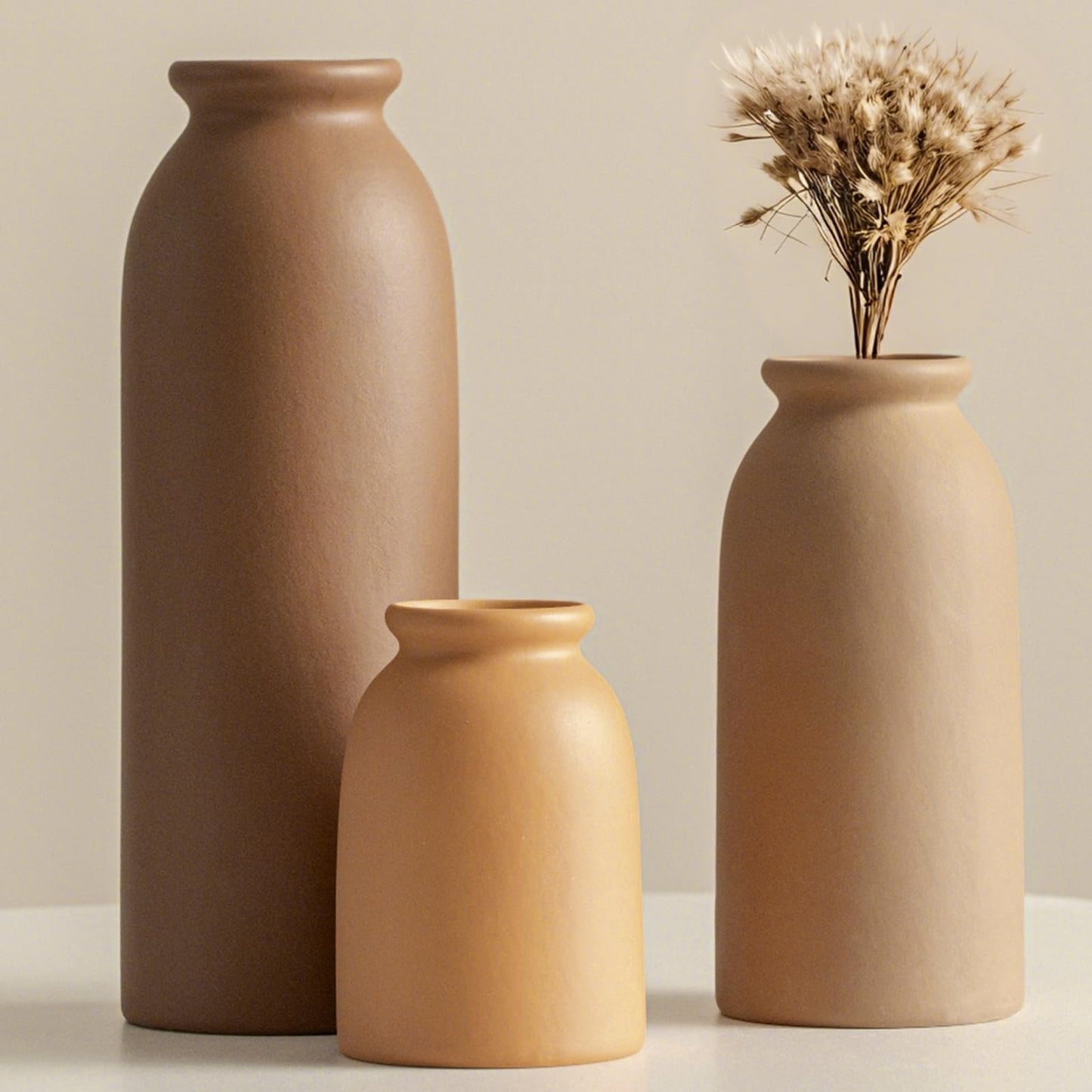 Ceramic Vase Set-3, Small Flower Vases for Decor, Modern Boho Farmhouse Style, Decorative Vases for Pampas Grass & Dried Flowers, Distressed Finish (Beige)