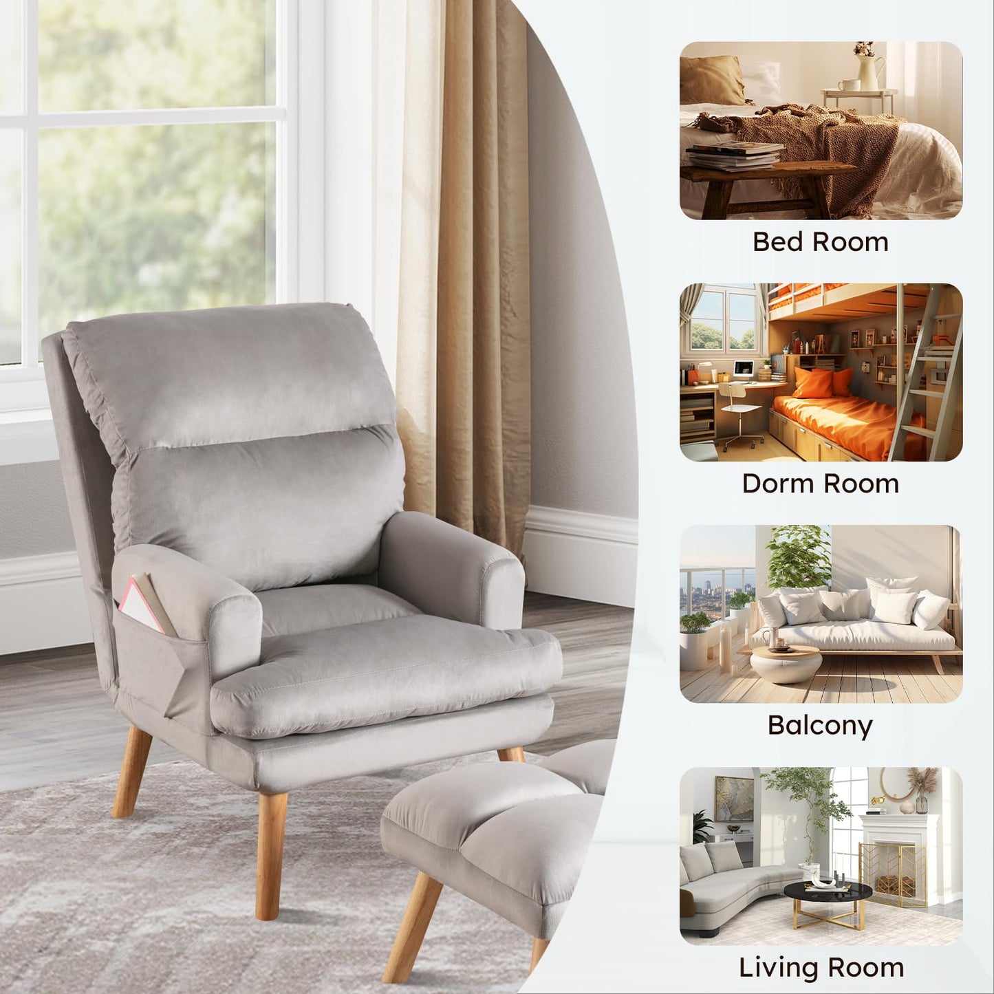 IOMOR Accent Chair with Ottoman Comfy Reading Chair Armchair with Adjustable Backrest and Side Pockets Soft Fabric Leisure Sofa for Bedroom, Living Room, Dorm Rooms, Garden, Beige