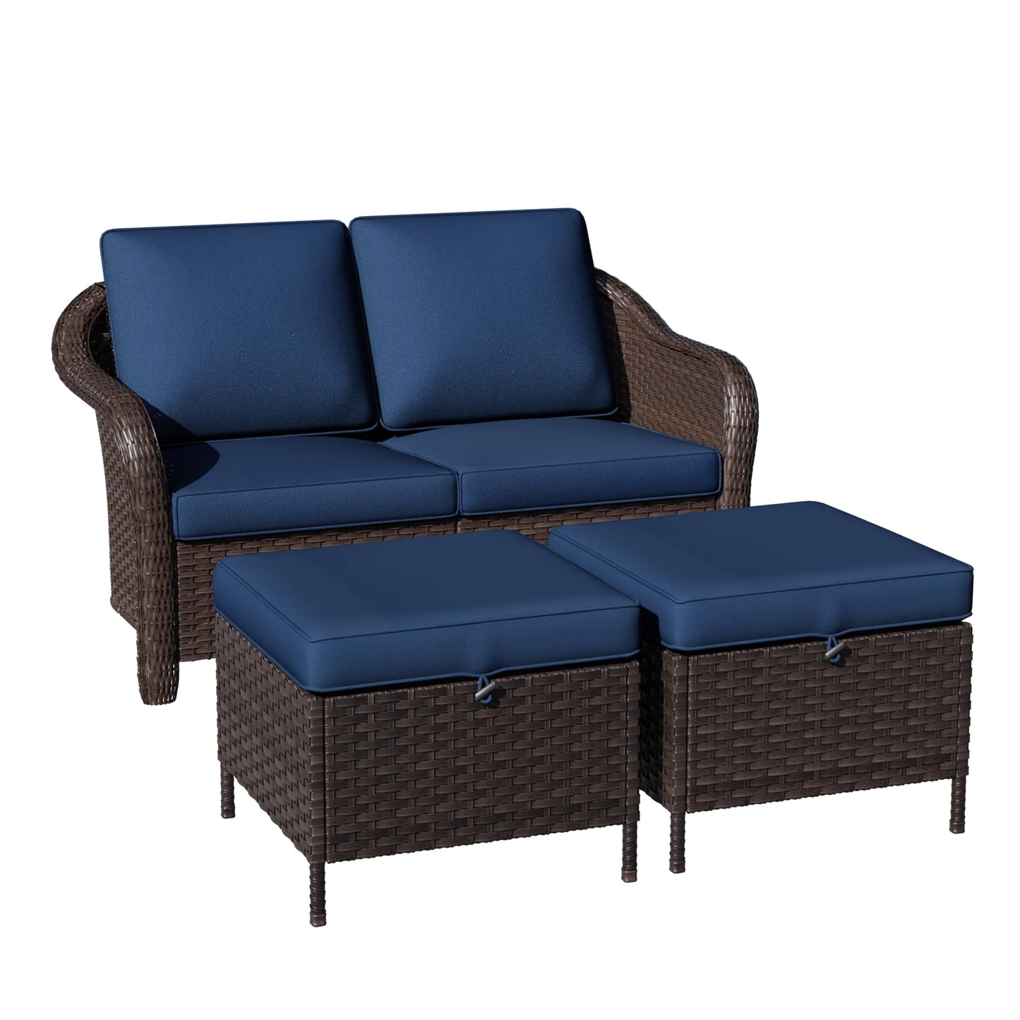 55 inch Outdoor Wicker 2 Seater Sofa, All-Weather Use Patio Rattan Loveseat with Seat and Back Cushion, Ideal for Porch, Backyard, Balcony, Poolside, Blue