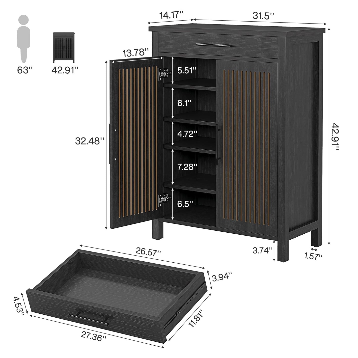 Tribesigns Shoe Cabinet, 5-Tier Shoe Storage Cabinet with Louvered Doors and Drawer, Freestanding Wooden Shoe Rack Organizer with Adjustable Shelves for Entryway, Hallway, Closet, Brown