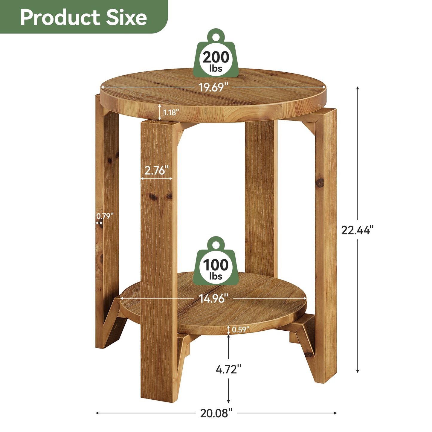 Solid Wood End Table, 2-Tier Round Wood Side Table for Living Room, Farmhouse Circle Nightstand with Storage for Bedroom, Couch, Small Spaces, Easy Assembly, Rustic Brown