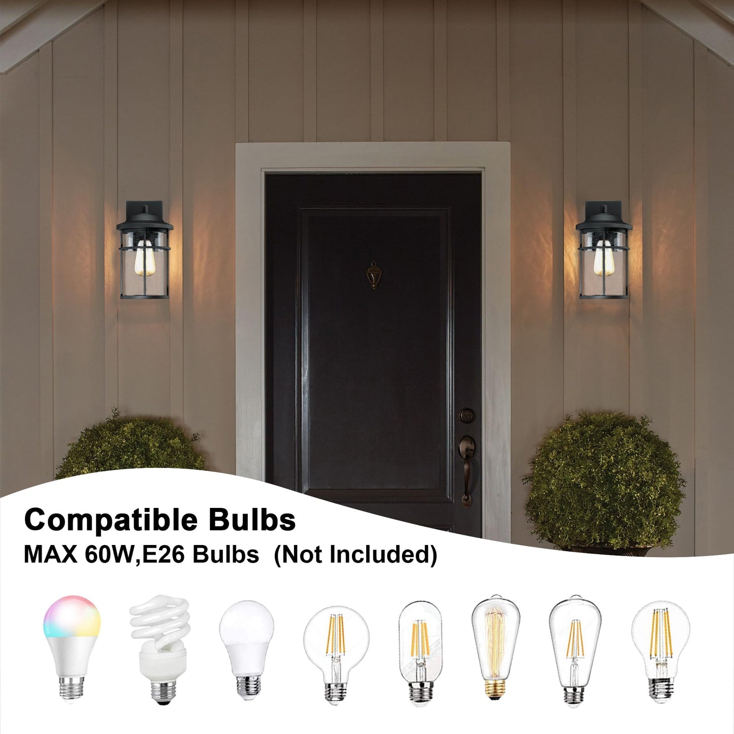 Dusk to Dawn Outdoor Porch Lights Wall Mount, Waterproof Exterior Light Fixtures,Black Modern Outdoor Light Fixtures Sconces with E26 Sockets & Glass Shades, Wall Lighting for Porch, Patio, Garage