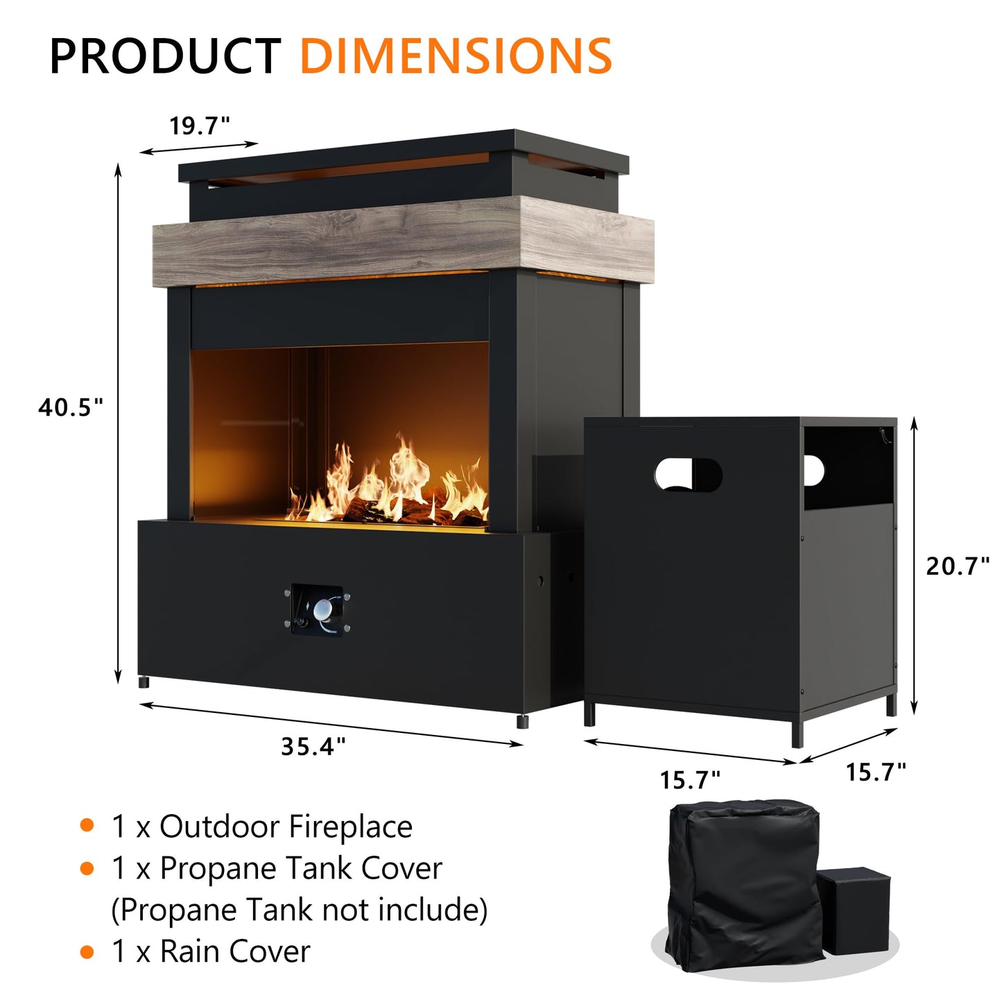 47.3''x35.5'' Outdoor Propane Fireplace, 50,000 BTU Vent-Free Gas Heater, CSA Certified Grey & Black Weather-Resistant Steel, Realistic Ceramic Logs, Rain Cover Included