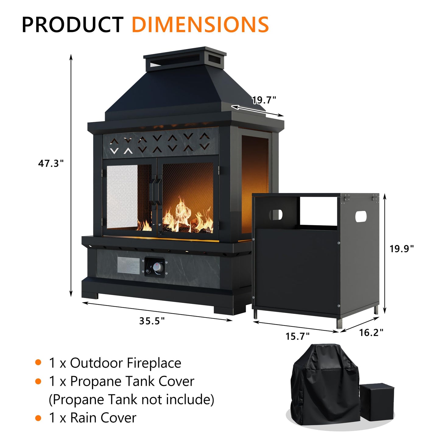 47.3''x35.5'' Outdoor Propane Fireplace, 50,000 BTU Vent-Free Gas Heater, CSA Certified Grey & Black Weather-Resistant Steel, Realistic Ceramic Logs, Rain Cover Included