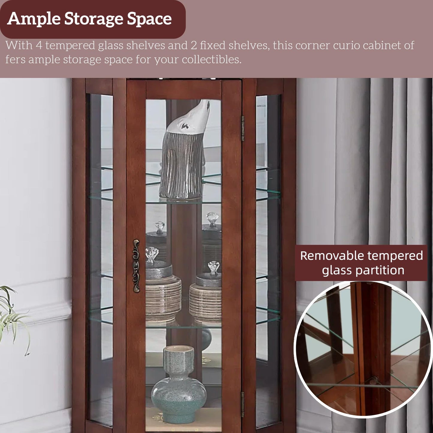 LKTART Curio Glass Display Cabinet, 70" Tall Corner Storage Cabinet with Lights and Mirrored Back Panel,China Cabinet with Tempered Glass Doors and Shelves(Walnut)