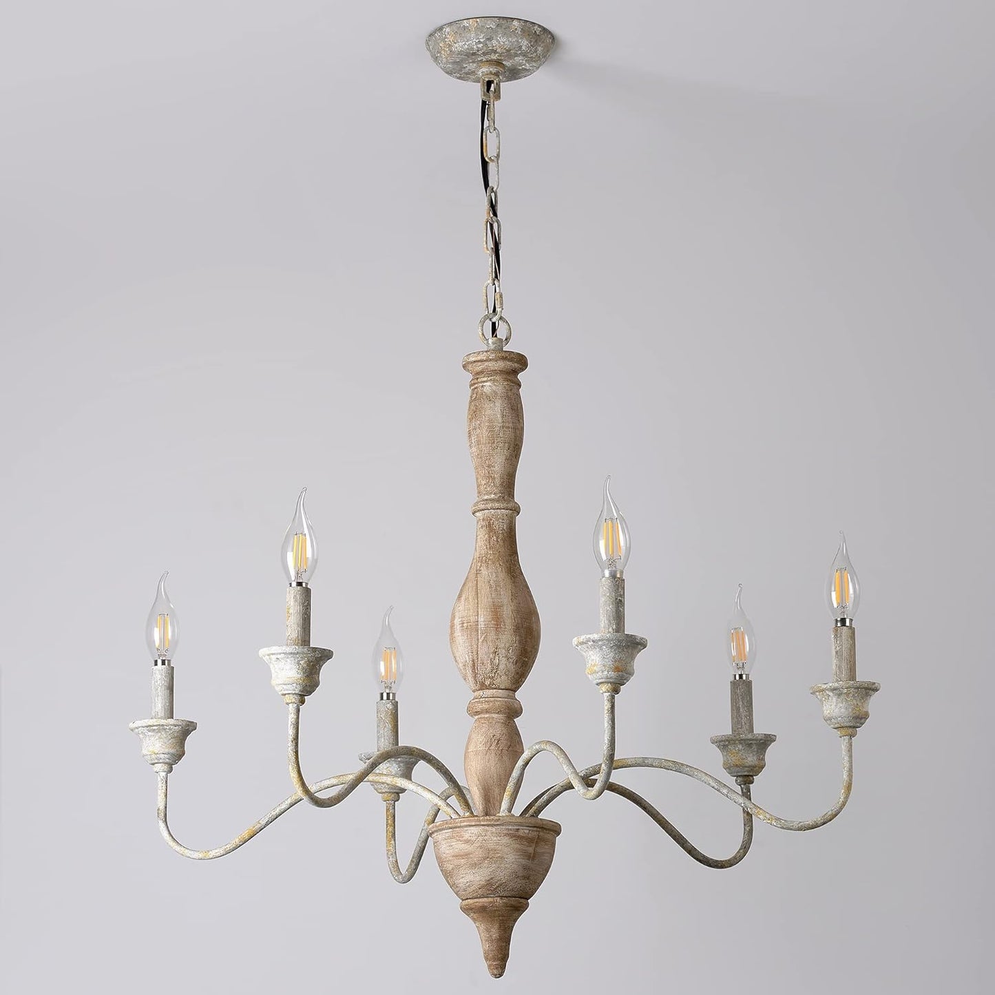 6 Bulb French Country Chandeliers, Large Wood Pendant Light Fixture for Dining Room, Rust Arm Farmhouse Chandelier, Hanging Light for Living Room, Height Adjustable, D29.5 x H24.4