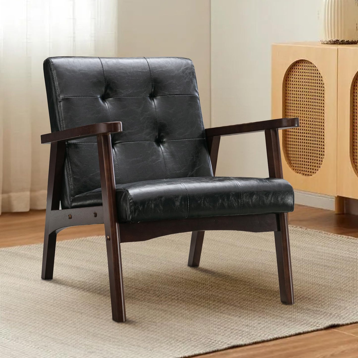 IOMOR Accent Chair Mid Century Modern Chair for Living Room, Comfy Faux Leather Armchair with Solid Wood Frame Soft Thick Padded, Side Chairs Easy Assembly (1, Brown)