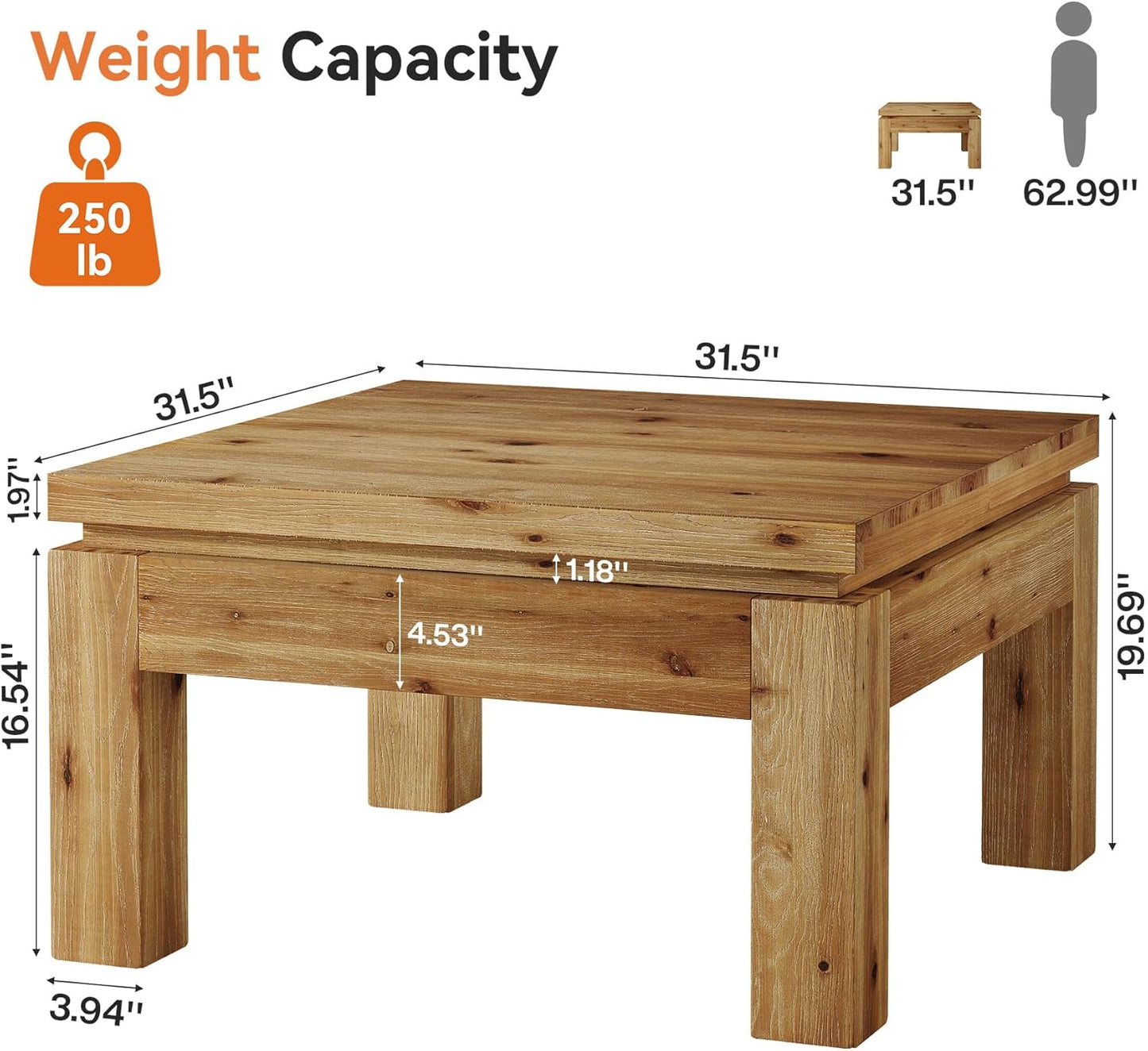 Farmhouse Coffee Table, 31.5" Solid Wood Square Coffee Table for Living Room, Apartment, Small Spaces (Natural Brown)
