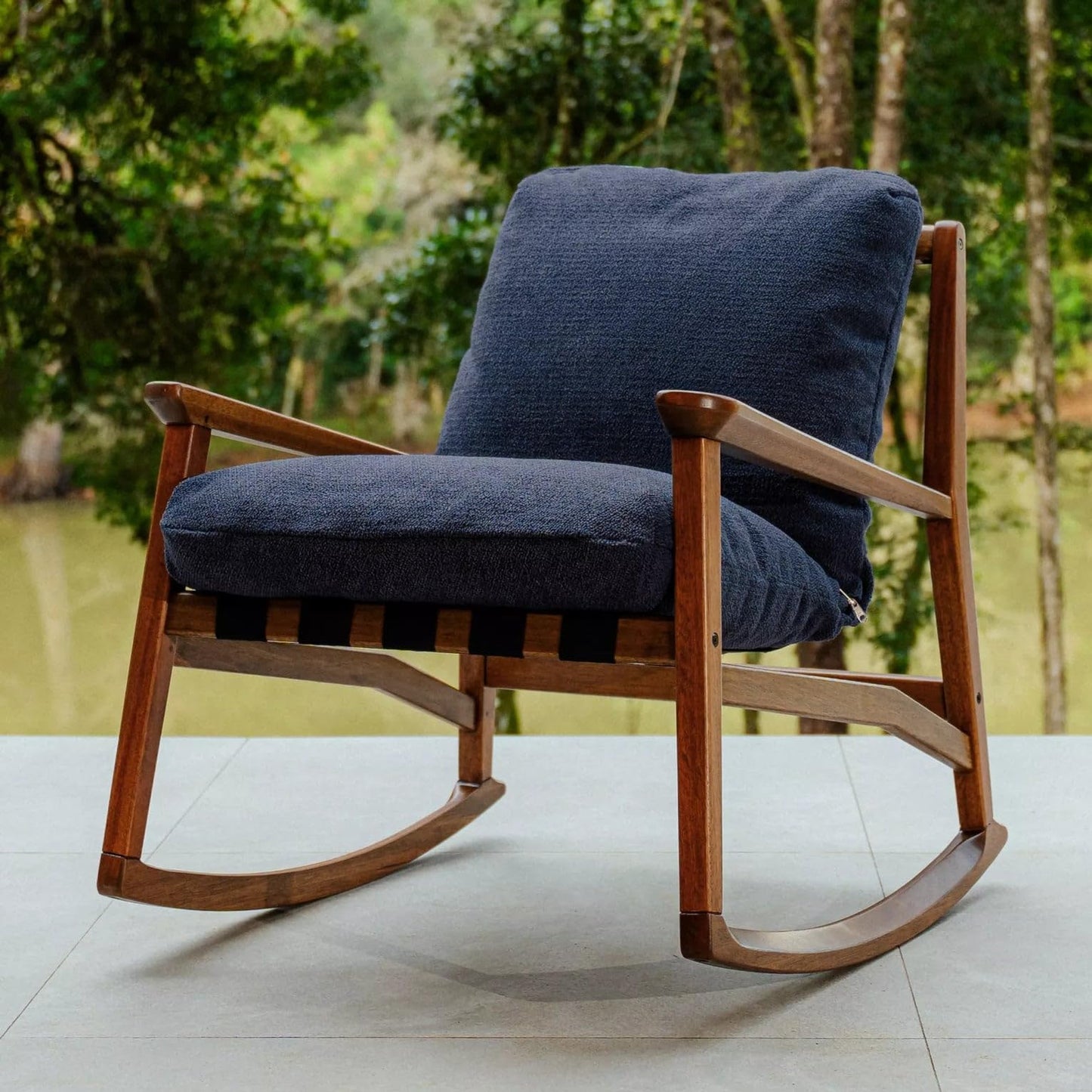 Grain Wood Furniture Solid Wood Mid Century Rocking Chair with Off-White Performance Boucle Cushions