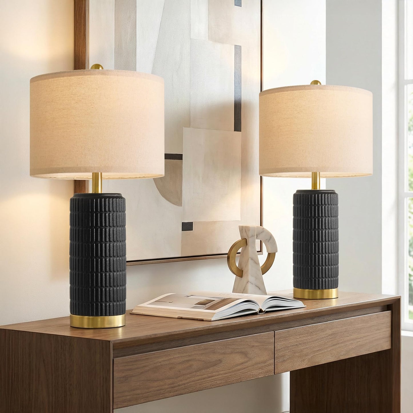 PoKat Small Bedside Table Lamps Set of 2 for Bedroom Living Room, 21.5'' Modern Ceramic Nightstand Lamps with Gold Base, Farmhouse Table Lamps for Office End Side Table Console, White and Beige