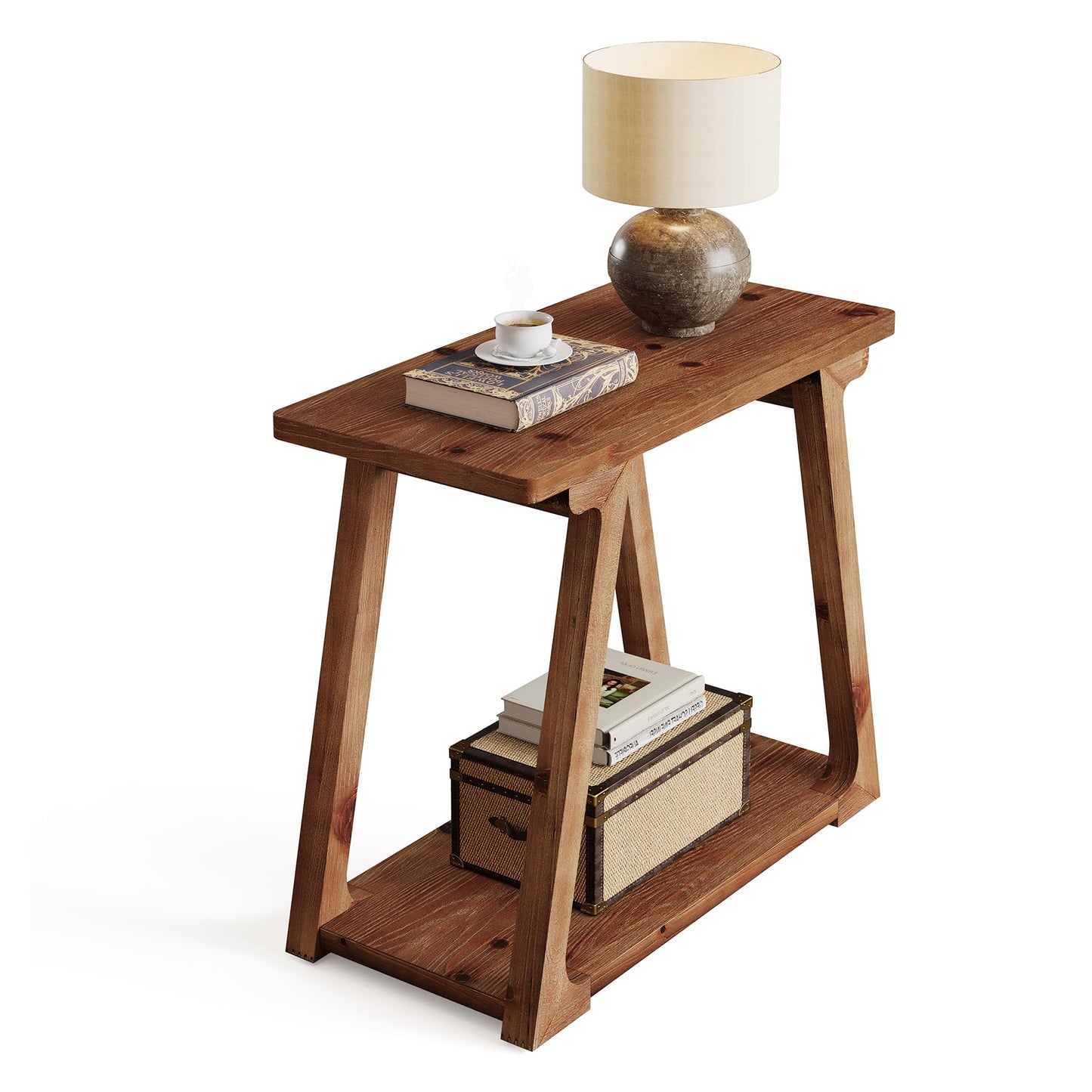 2-Tier Solid Wood End Table, Narrow Side Table, Farmhouse Rectangle Nightstand for Living Room, Bedroom, Easy Assembly, Trapezoidal Base (2, Natural Brown)