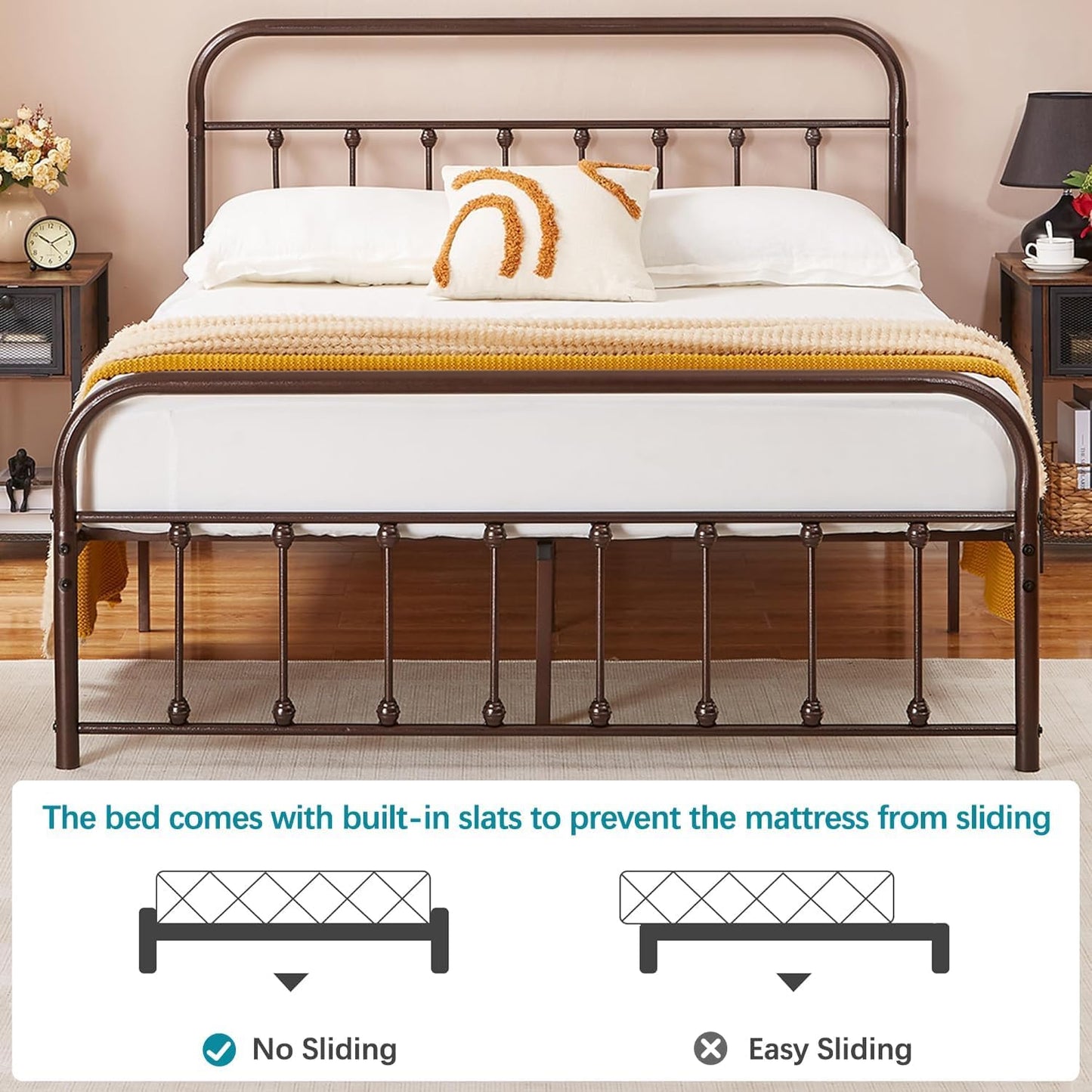 VECELO King Size Victorian Style Metal Bed Frame with Headboard/Mattress Foundation/No Box Spring Needed/Under Bed Storage and Strong Slat Support Purple Bronze