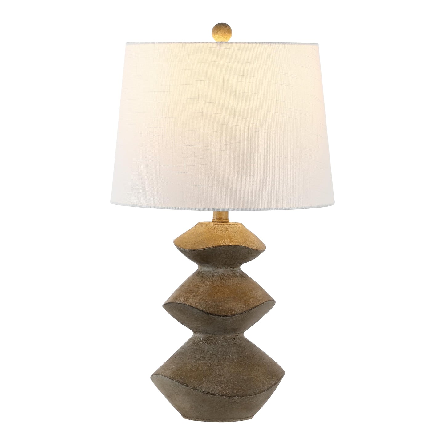 JONATHAN Y 24.5" Brown Wood Finish Coastal 3-Stack Cairn LED Table Lamp for Living Room, White Linen Shade, Rustic Mid-Century Modern Bedside Lamp for Bedroom Office JYL4061A